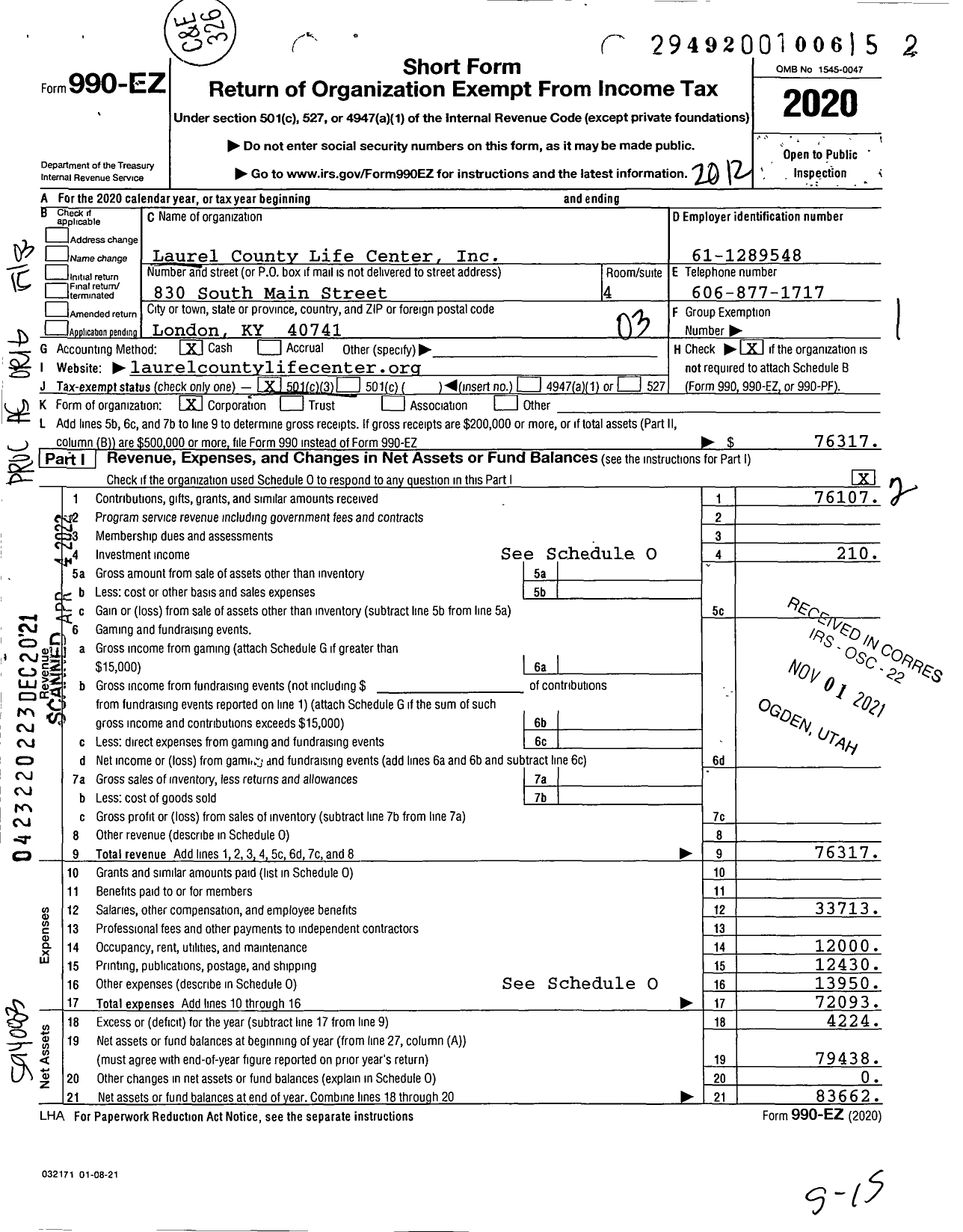Image of first page of 2020 Form 990EZ for Laurel County Life Center