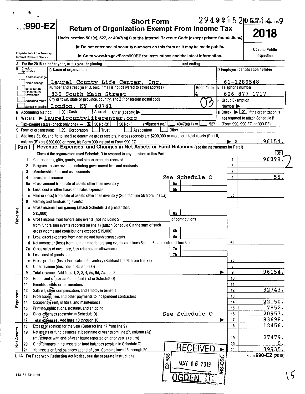 Image of first page of 2018 Form 990EZ for Laurel County Life Center
