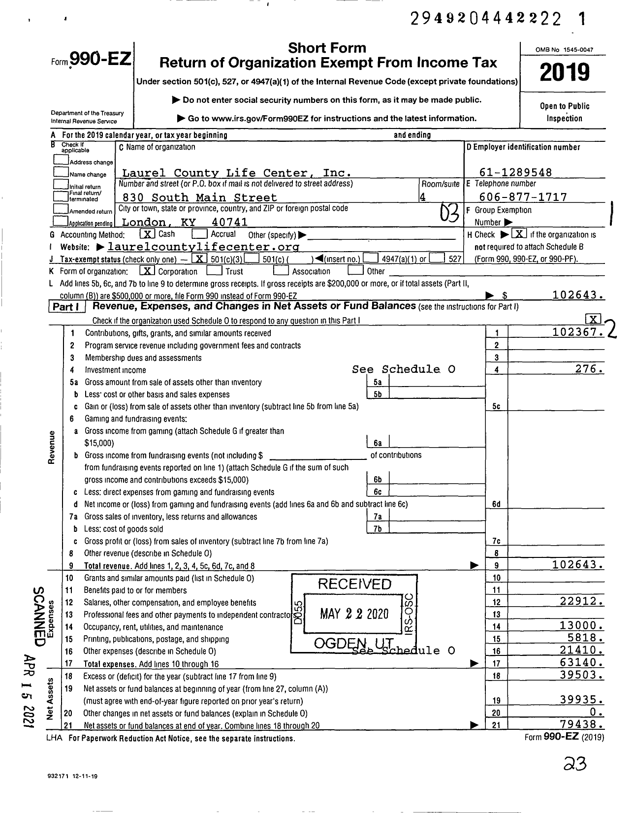 Image of first page of 2019 Form 990EZ for Laurel County Life Center