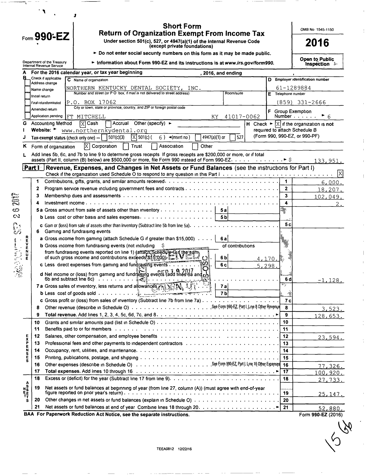 Image of first page of 2016 Form 990EO for Northern Kentucky Dental Society