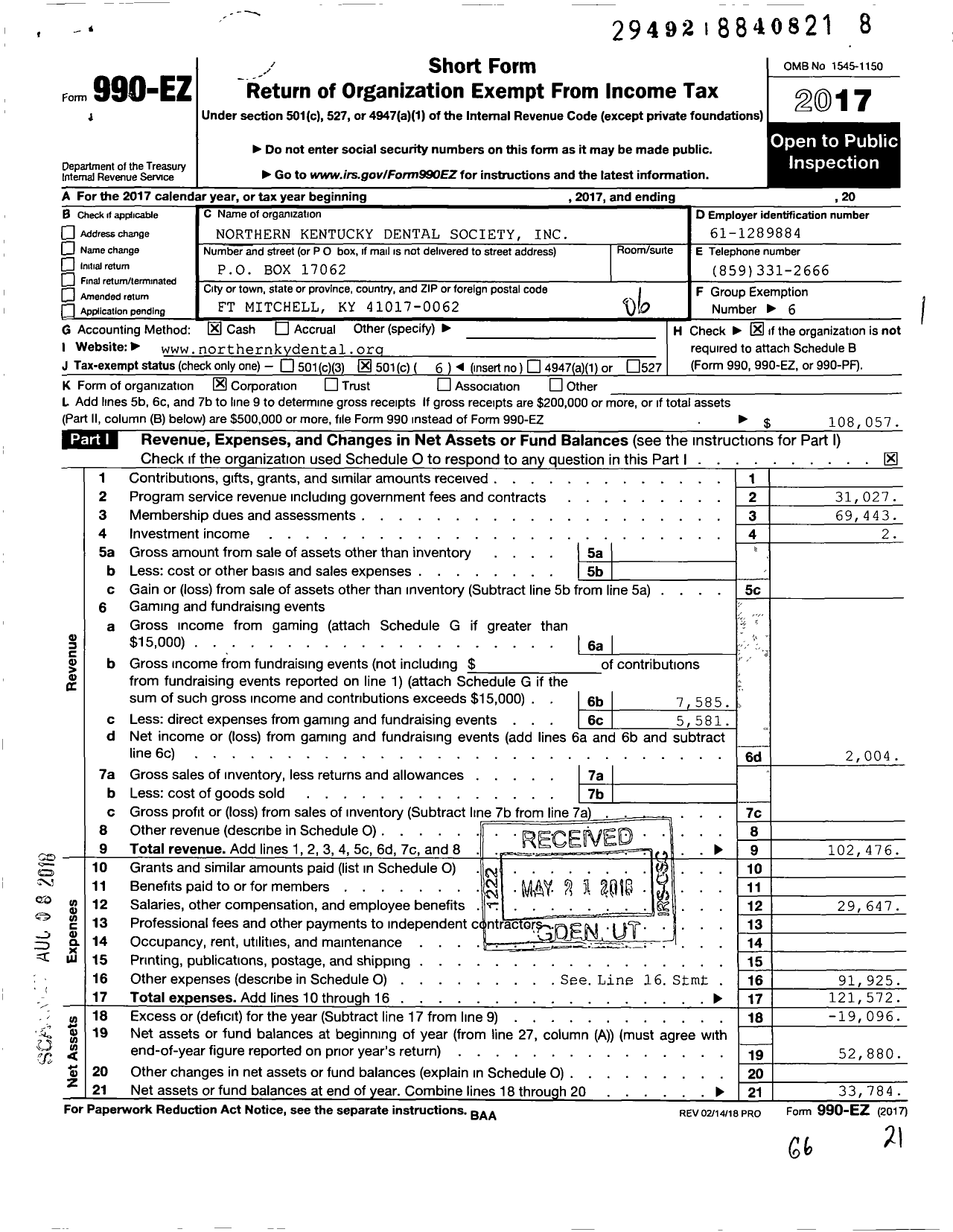 Image of first page of 2017 Form 990EO for Northern Kentucky Dental Society