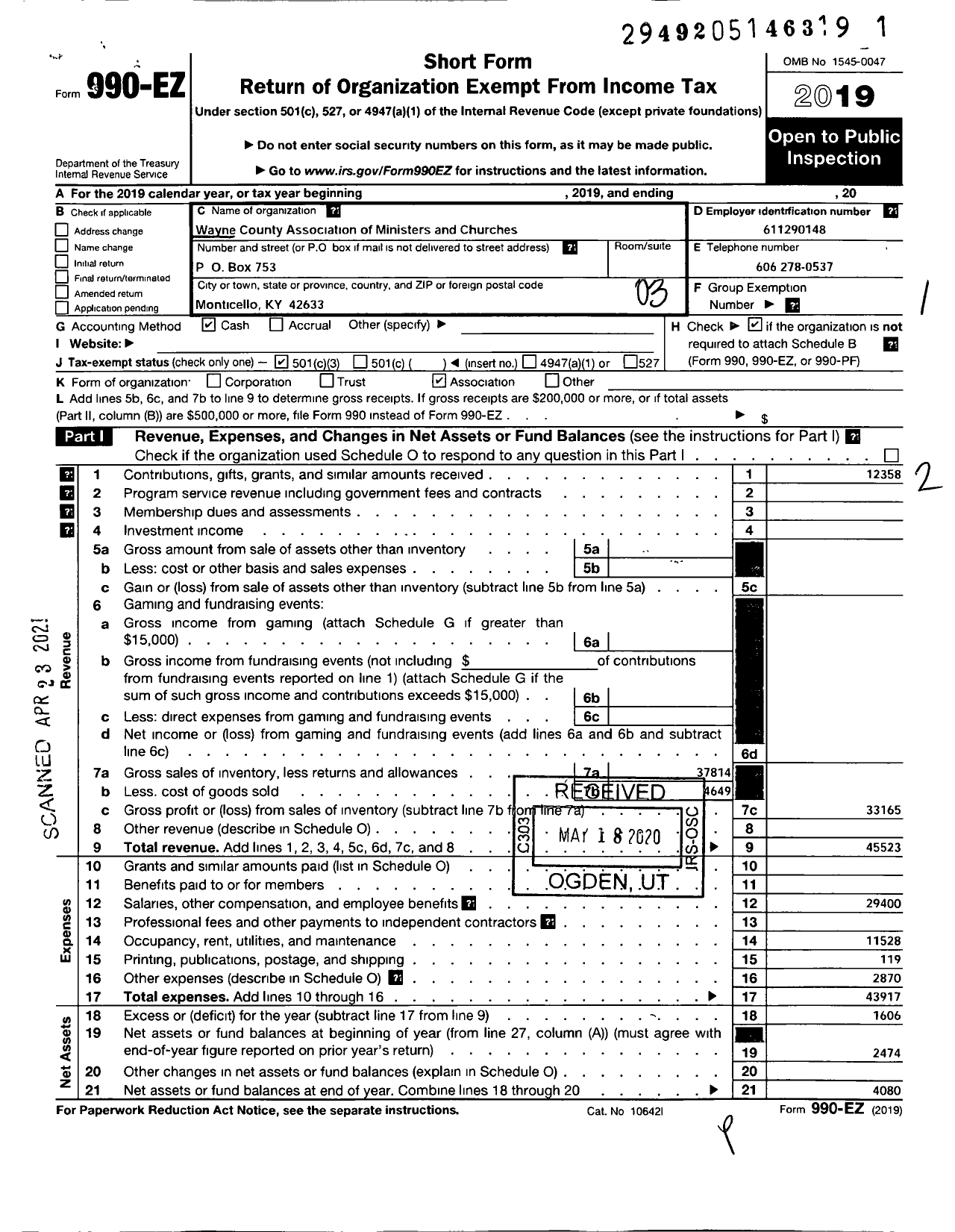 Image of first page of 2019 Form 990EZ for Wayne County Association of Ministers and Churches