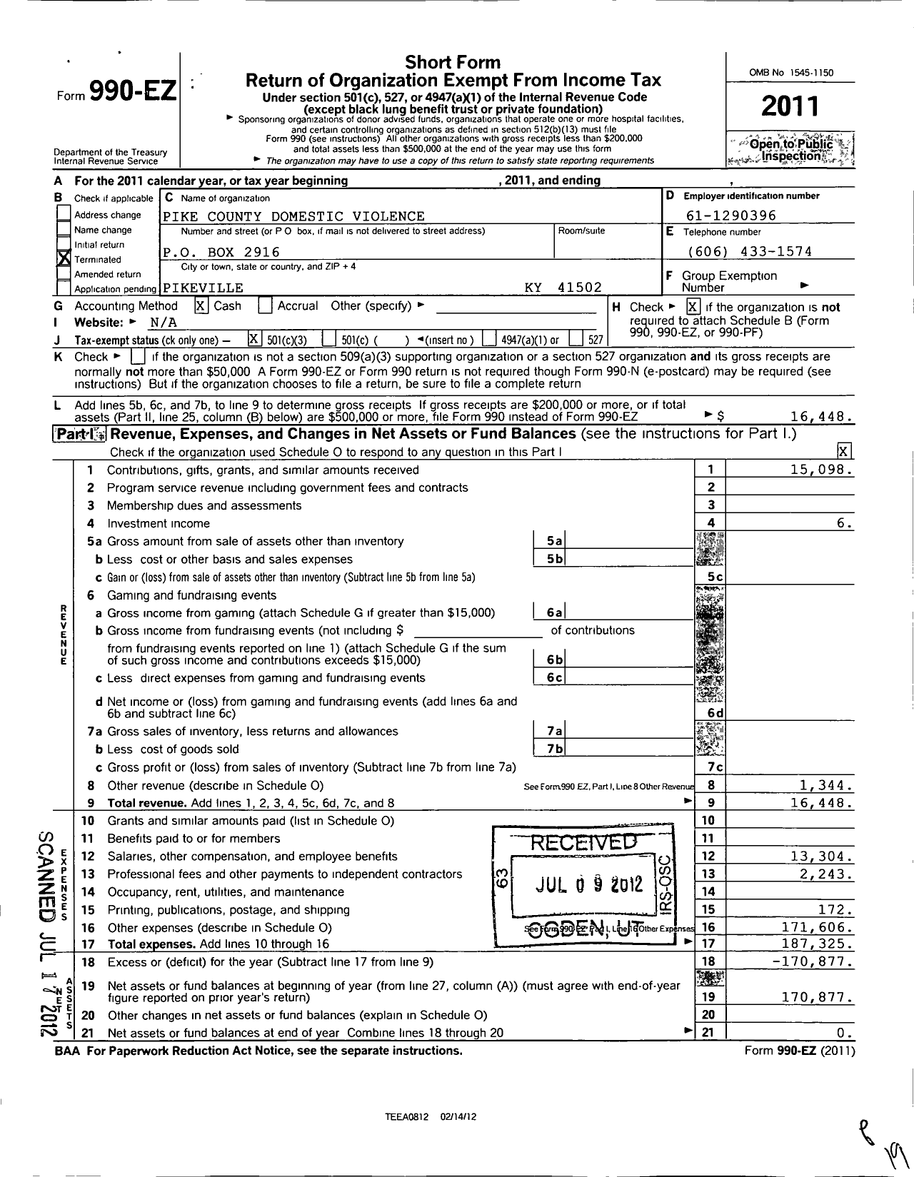 Image of first page of 2011 Form 990EZ for Pike County Domestic Violence Board