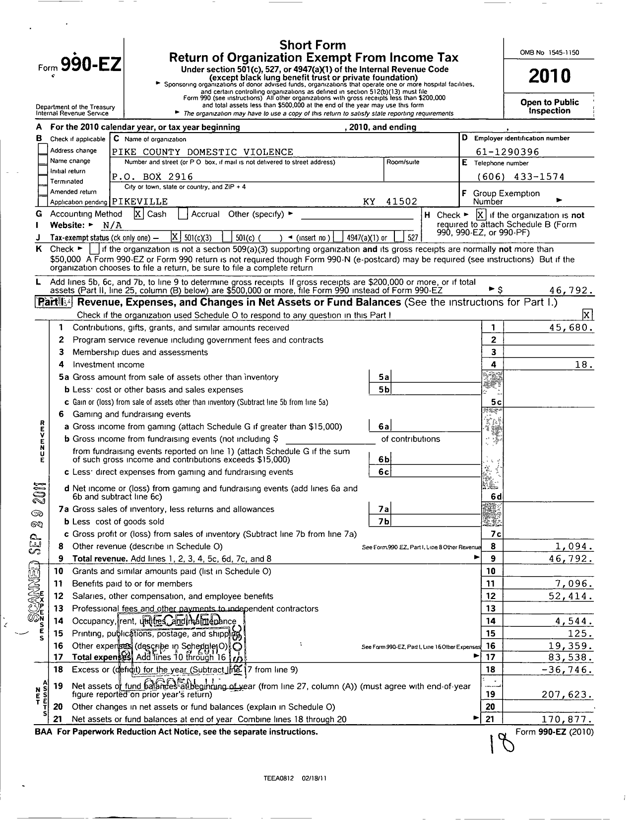 Image of first page of 2010 Form 990EZ for Pike County Domestic Violence Board