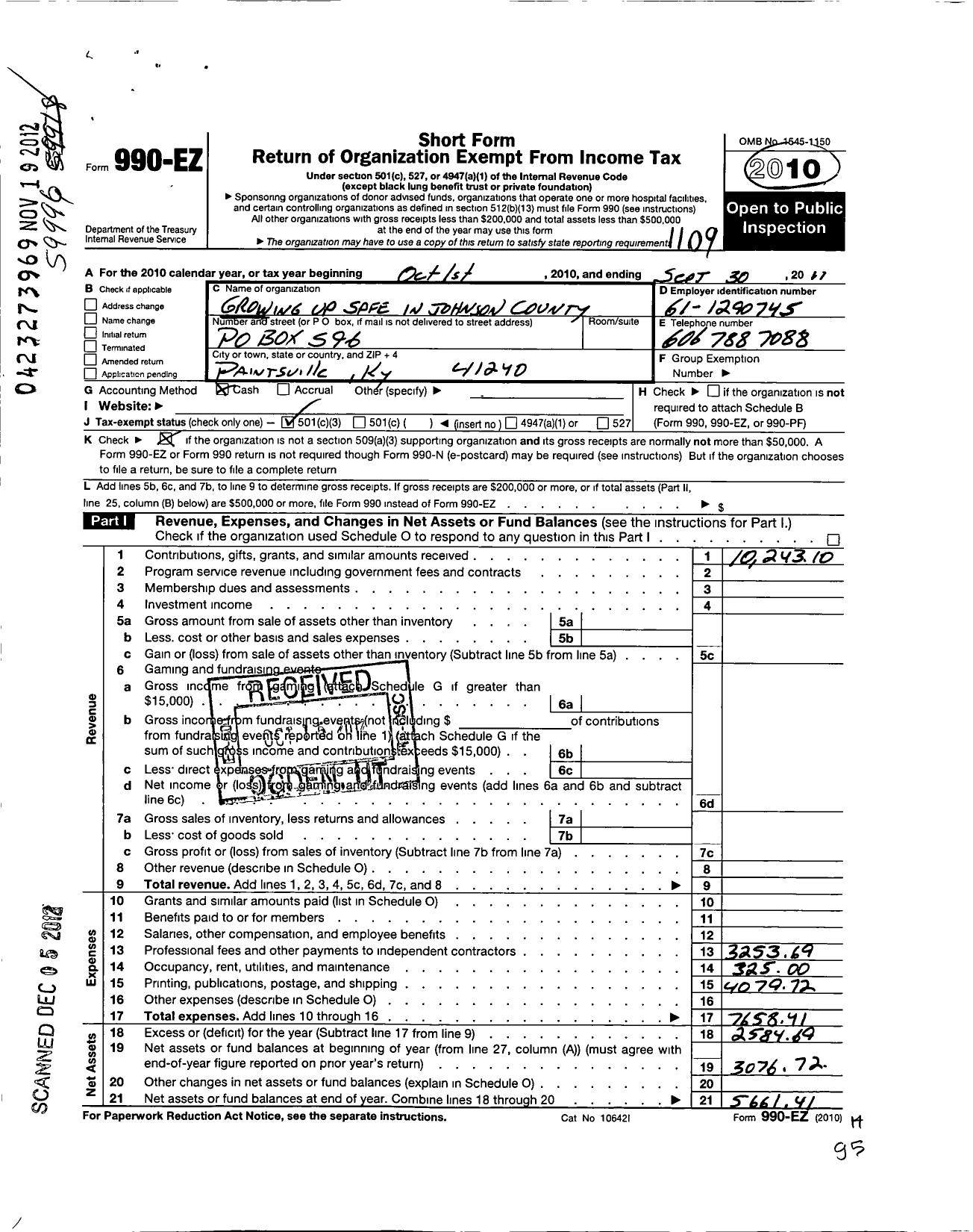 Image of first page of 2010 Form 990EZ for Growing Up Safe in Johnson County