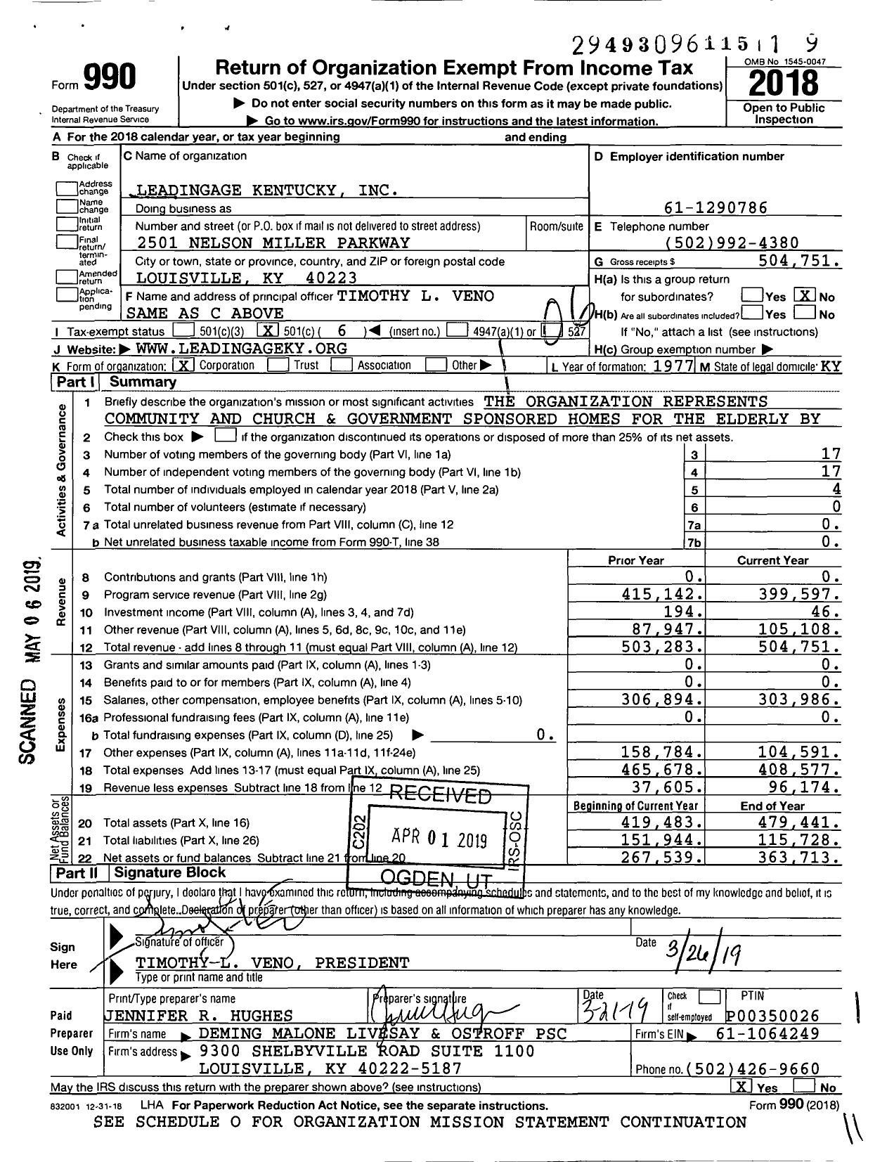 Image of first page of 2018 Form 990O for Leadingage Kentucky