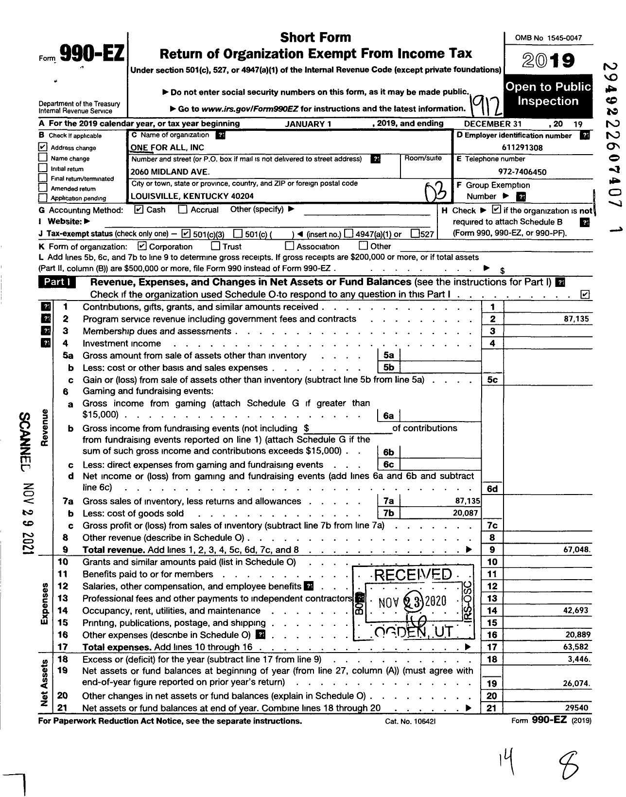 Image of first page of 2019 Form 990EZ for One for All / Cht-The Store