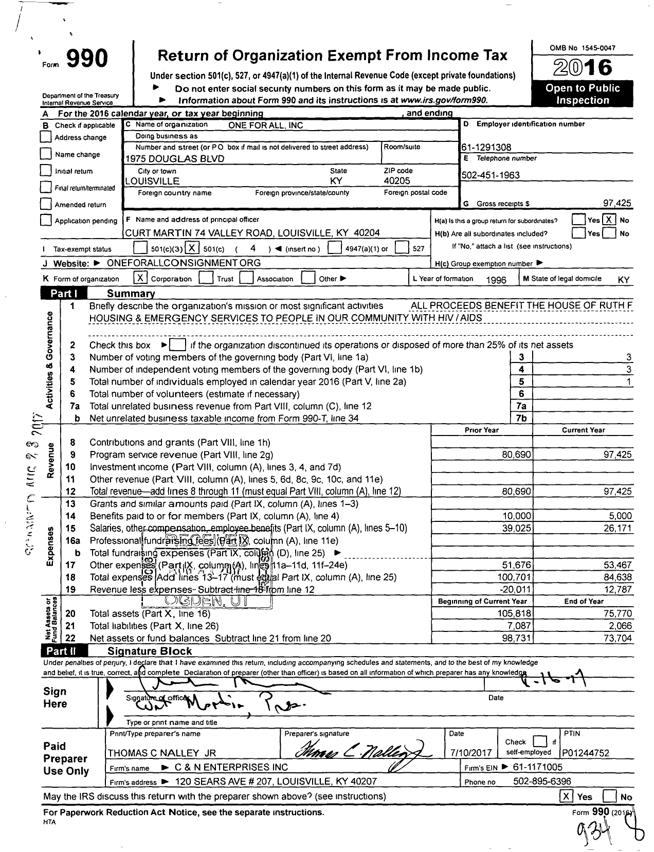 Image of first page of 2016 Form 990O for One for All / Cht-The Store