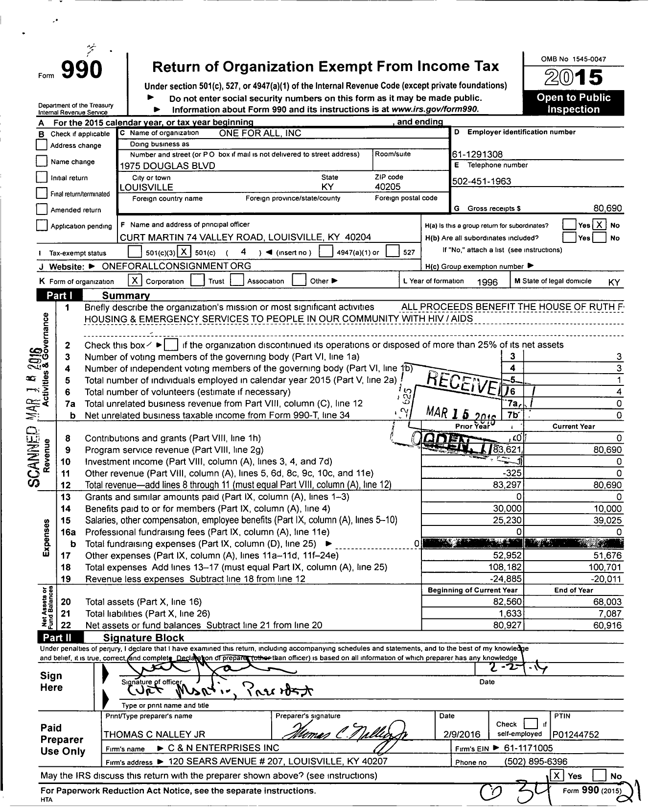 Image of first page of 2015 Form 990O for One for All / Cht-The Store