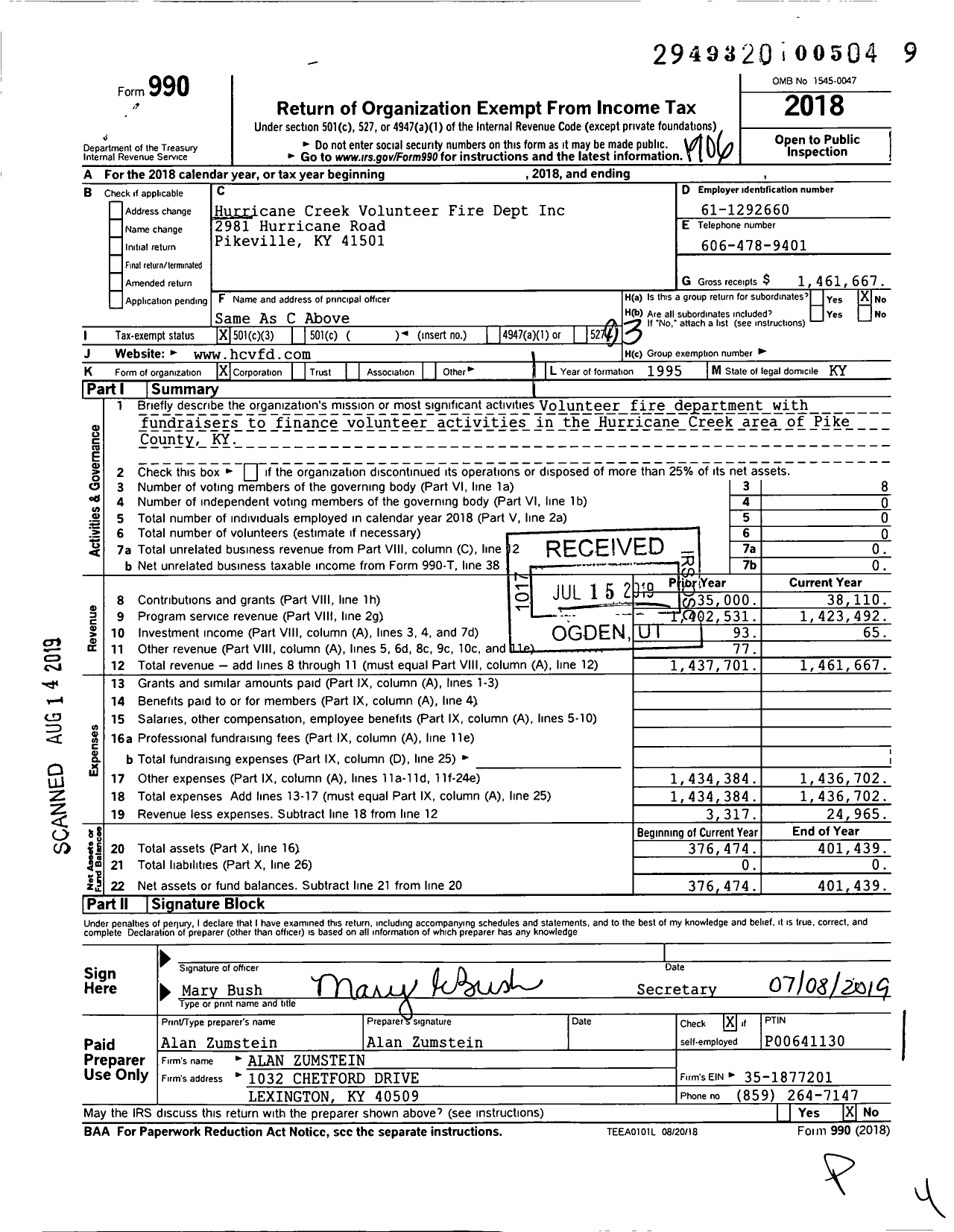 Image of first page of 2018 Form 990 for Hurricane Creek Volunteer Fire Dept