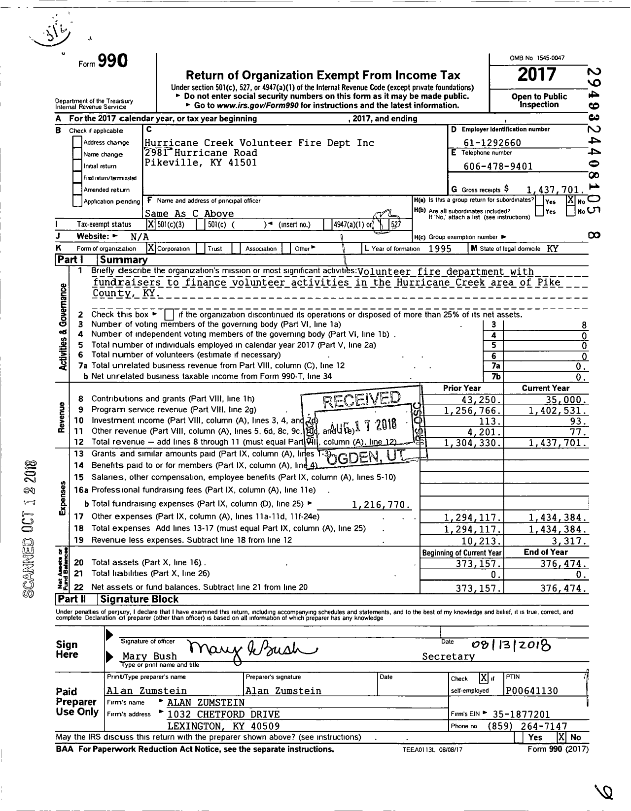 Image of first page of 2017 Form 990 for Hurricane Creek Volunteer Fire Dept