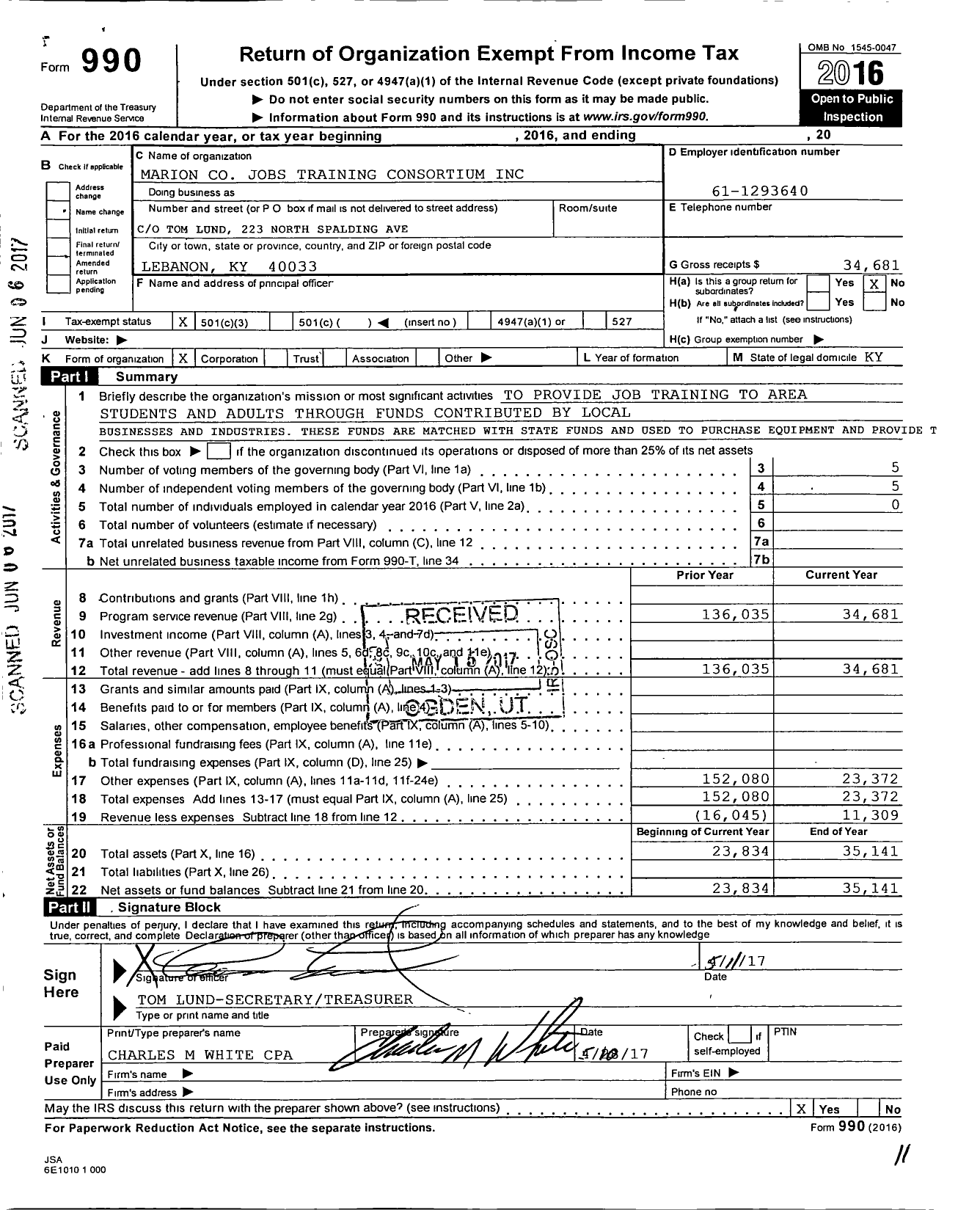 Image of first page of 2016 Form 990 for Heartland Industrial Training Consortium