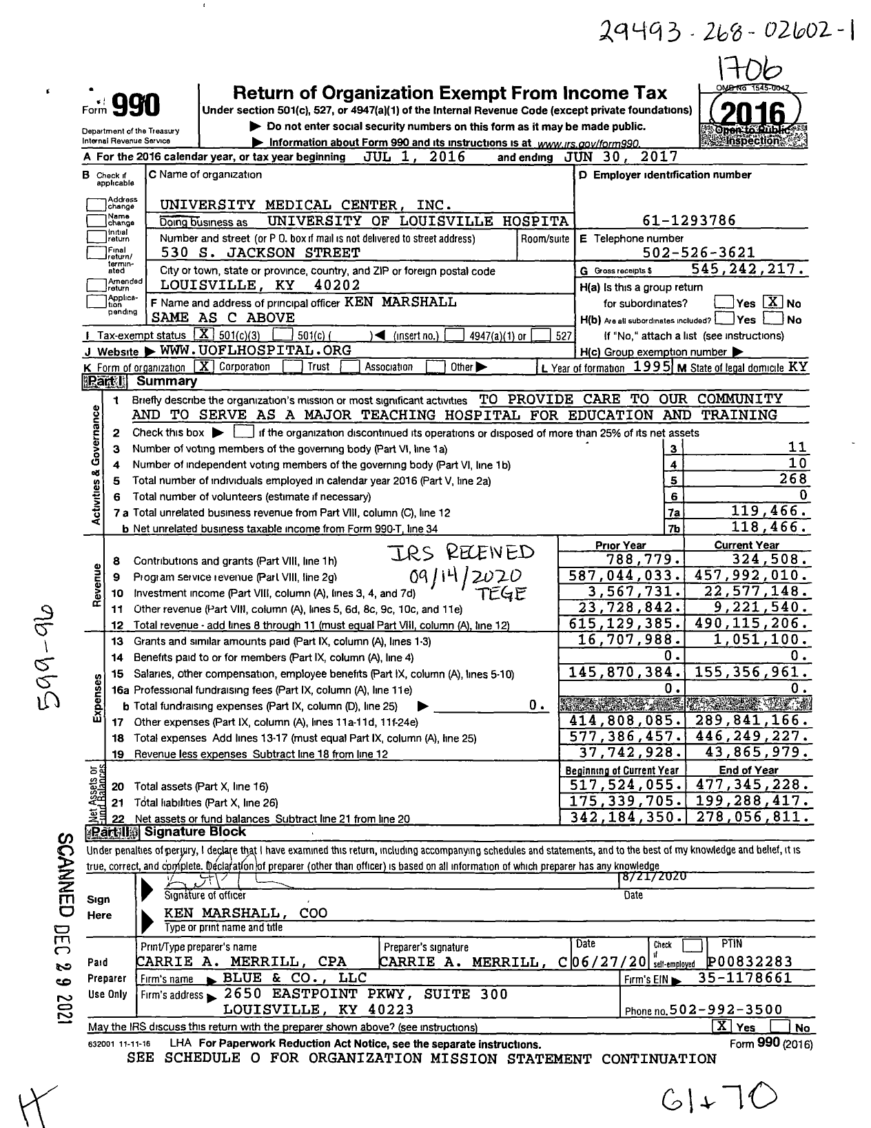 Image of first page of 2016 Form 990 for University of Louisville Hospital