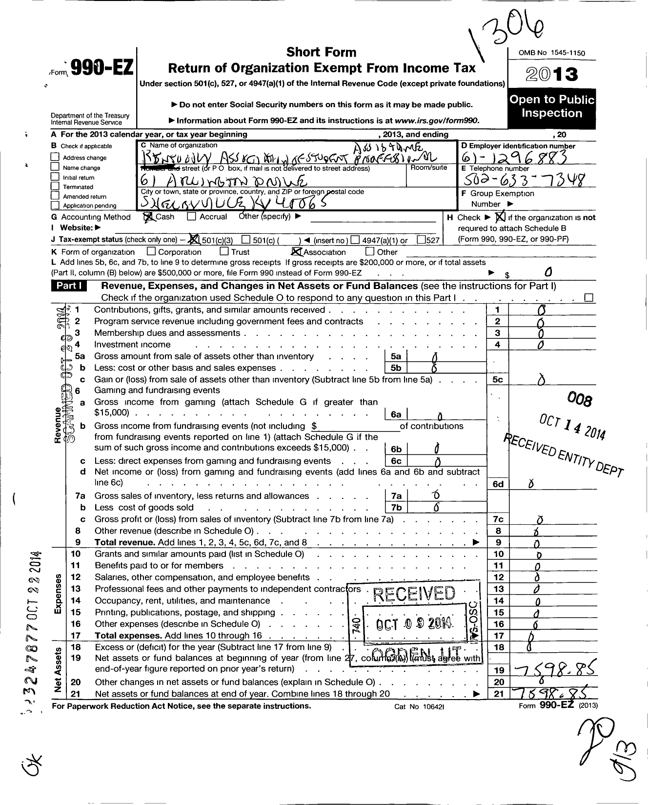 Image of first page of 2012 Form 990EZ for Kentucky Association of Student Ass Istance Professionals