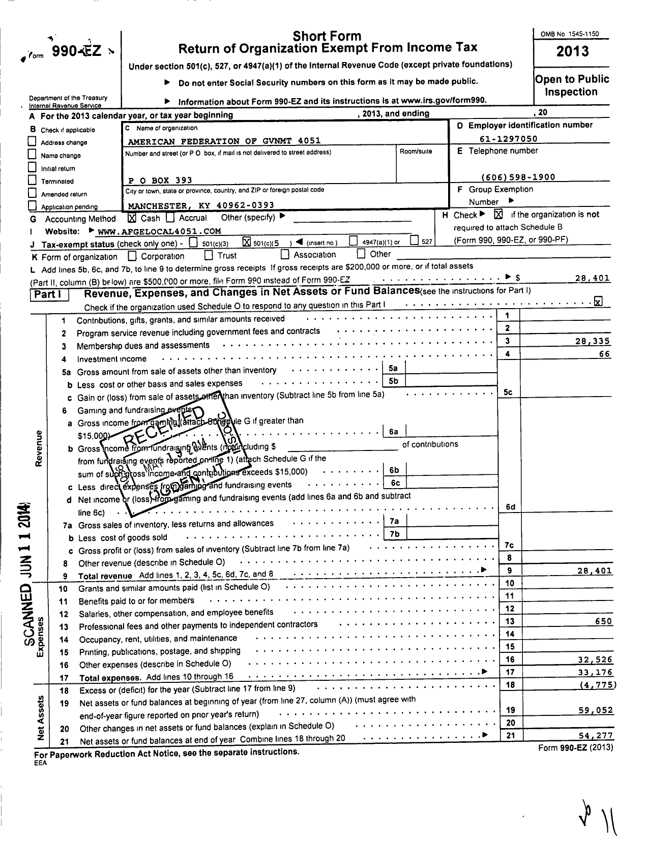 Image of first page of 2013 Form 990EO for American Federation of Government Employees - 4051 Afge Bop Local