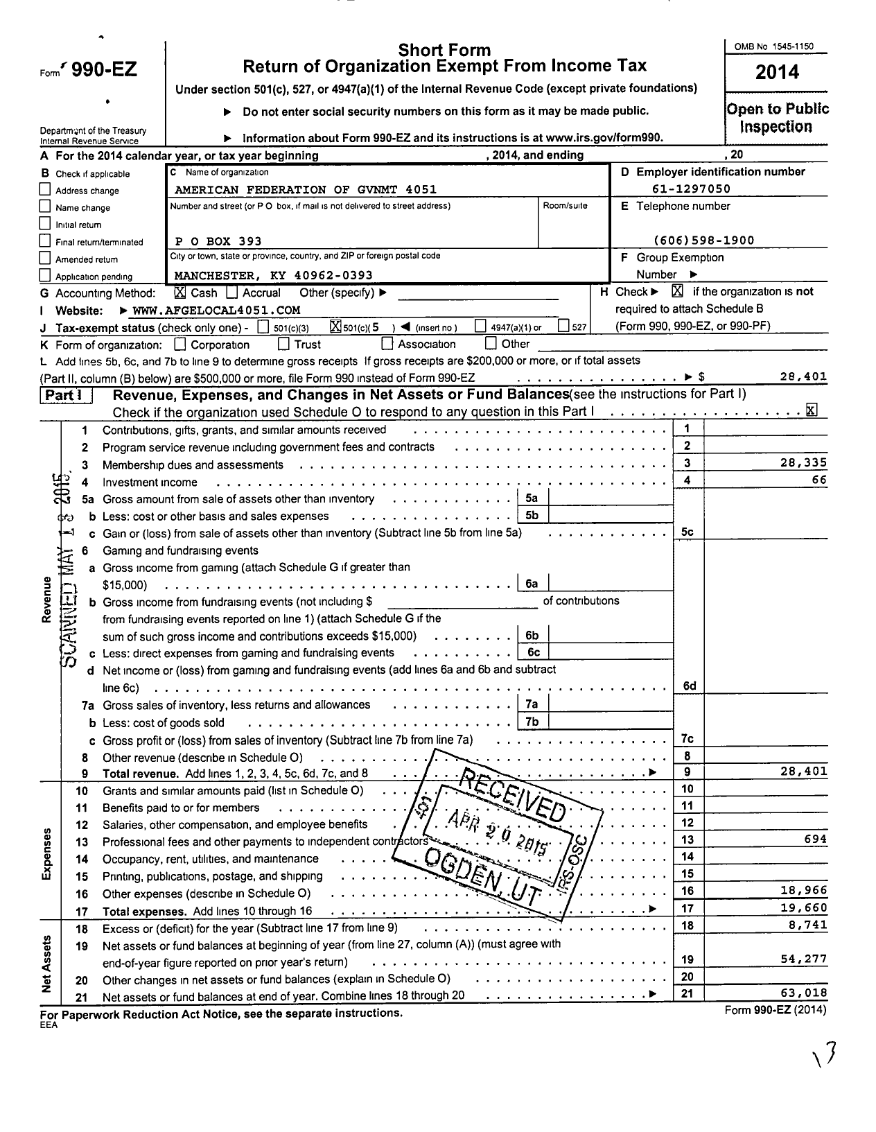 Image of first page of 2014 Form 990EO for American Federation of Government Employees - 4051 Afge Bop Local