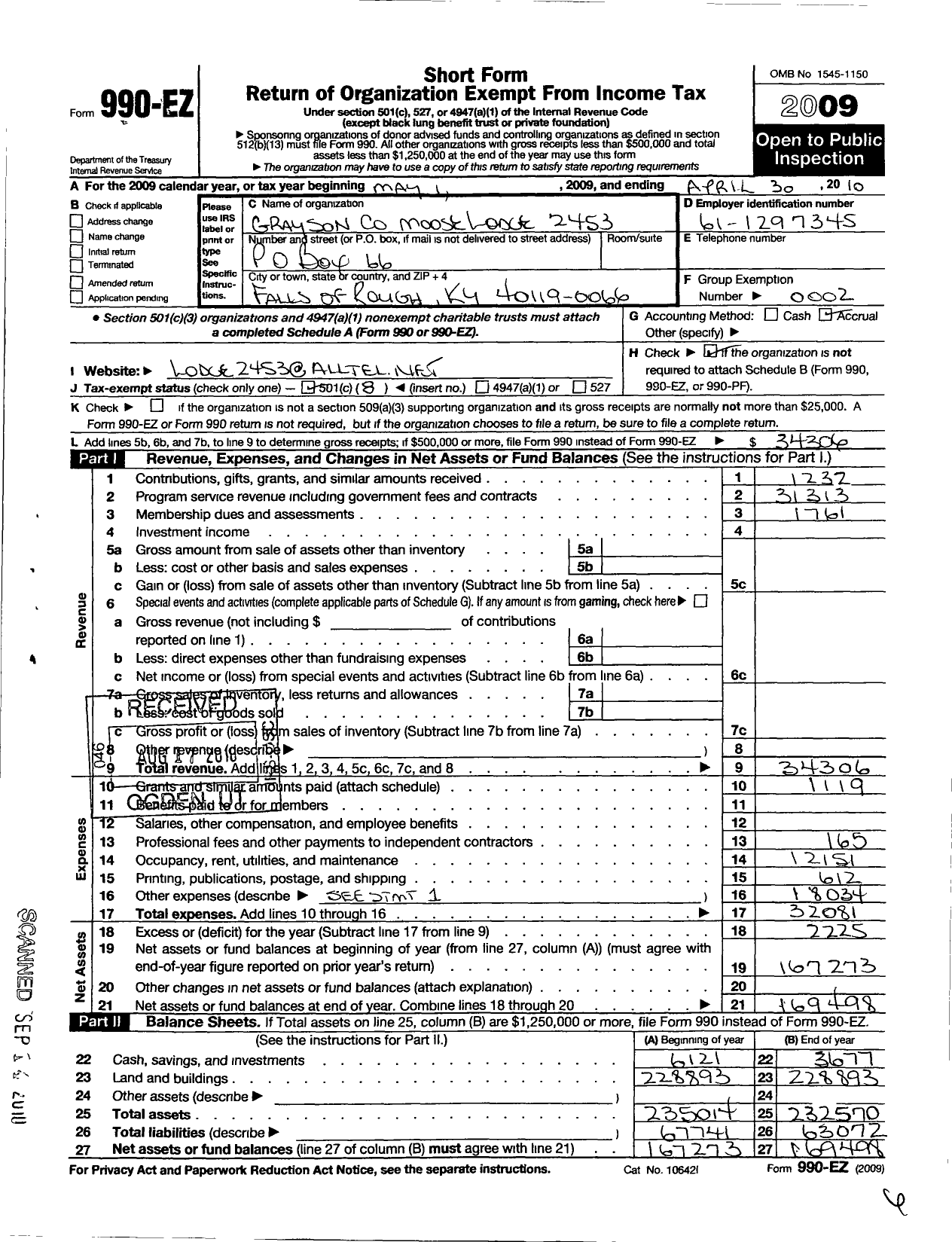 Image of first page of 2009 Form 990EO for Grayson County Lodge No 2453 Loyal Order of Moose