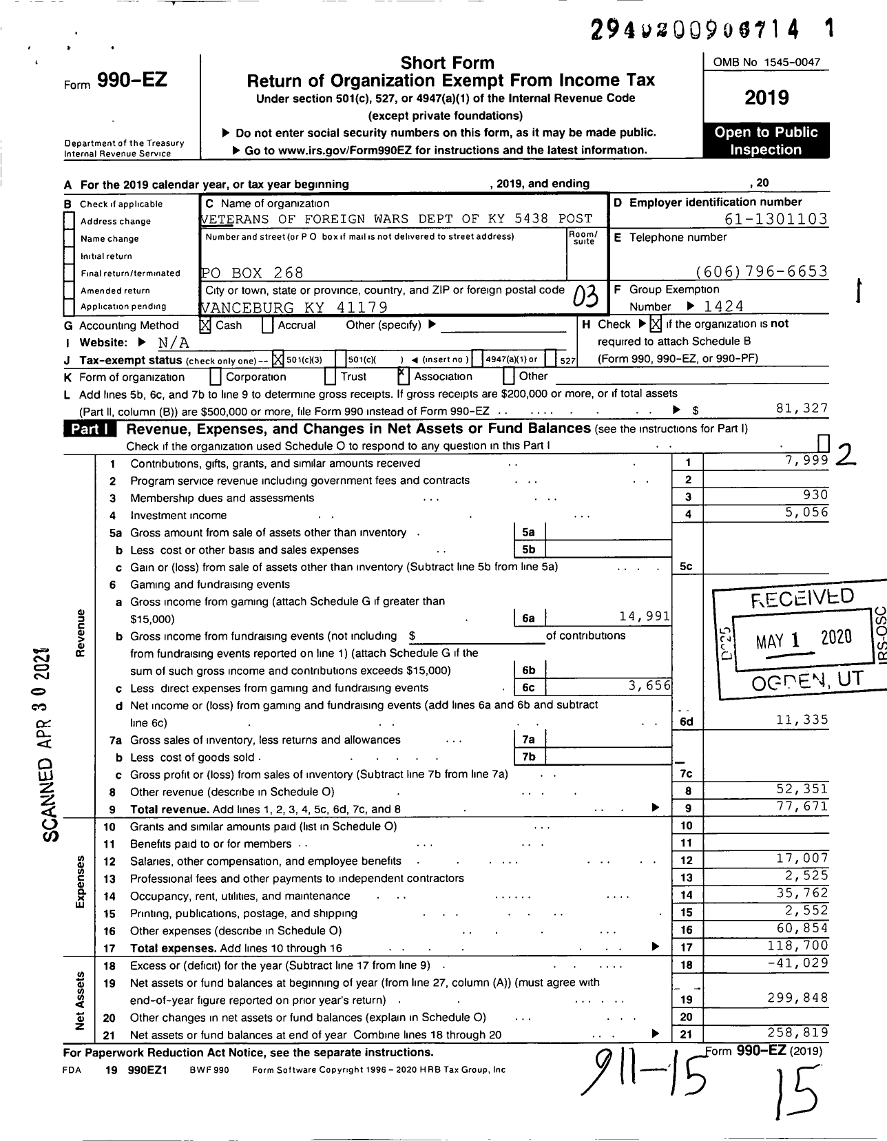 Image of first page of 2019 Form 990EZ for Veterans of Foreign Wars Dept of Kentucky - 5438 Post