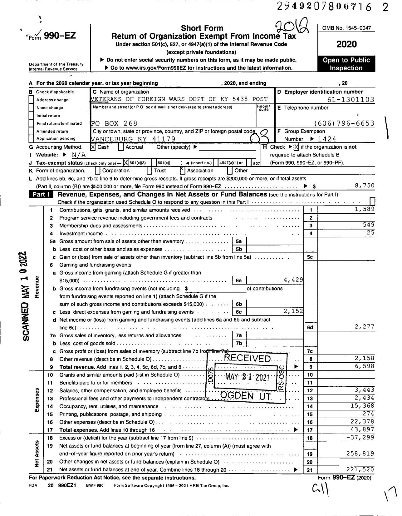 Image of first page of 2020 Form 990EZ for Veterans of Foreign Wars Dept of Kentucky - 5438 Post