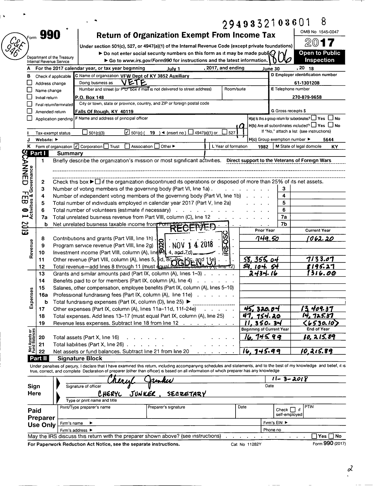 Image of first page of 2017 Form 990O for Department of Kentucky Auxiliary To the Veterans of Foreign Wars of the Us - 3852 Falls of Rough Rough River