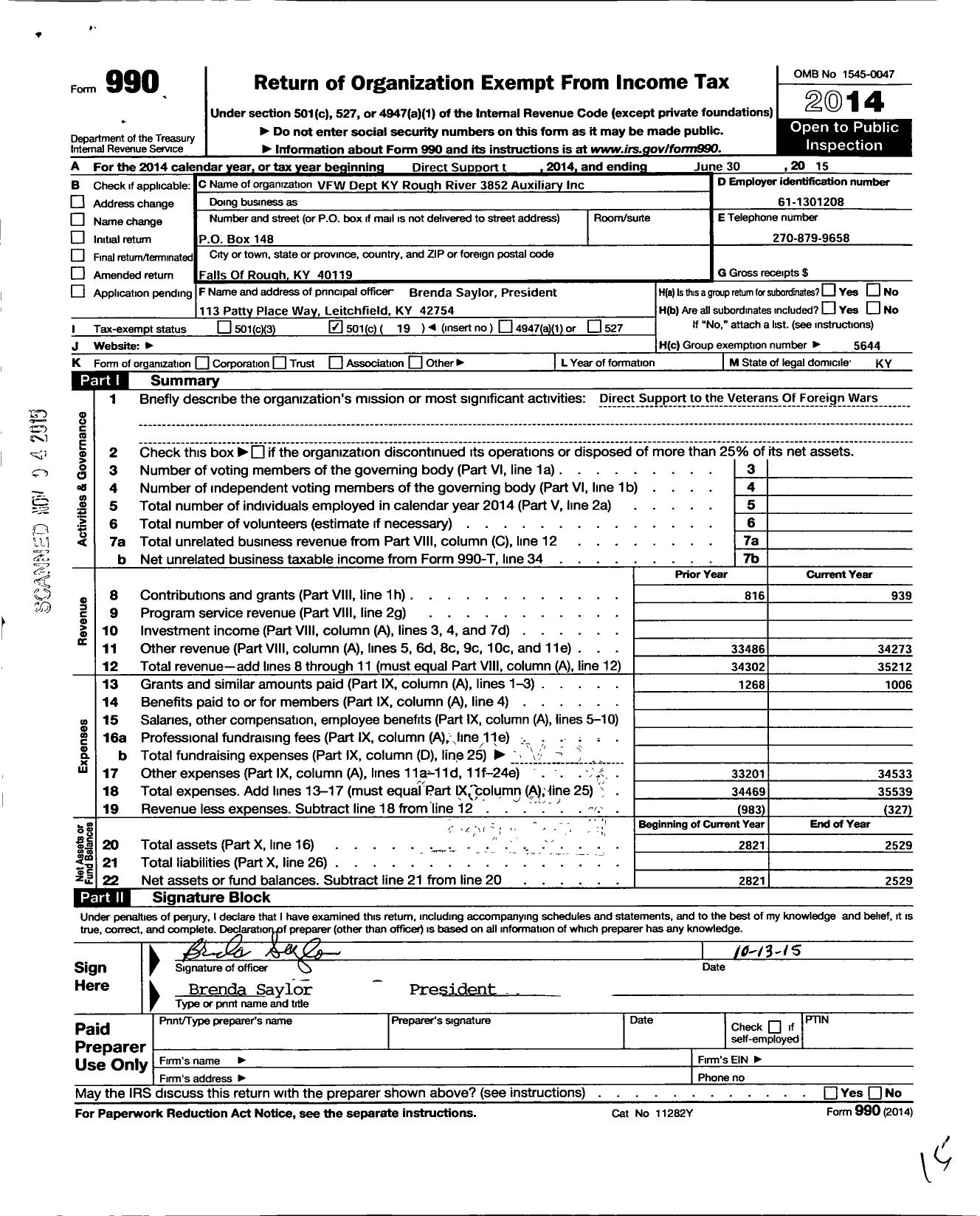 Image of first page of 2014 Form 990O for Department of Kentucky Auxiliary To the Veterans of Foreign Wars of the Us - 3852 Falls of Rough Rough River