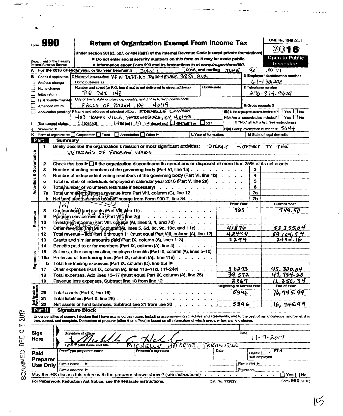 Image of first page of 2016 Form 990O for Department of Kentucky Auxiliary To the Veterans of Foreign Wars of the Us - 3852 Falls of Rough Rough River