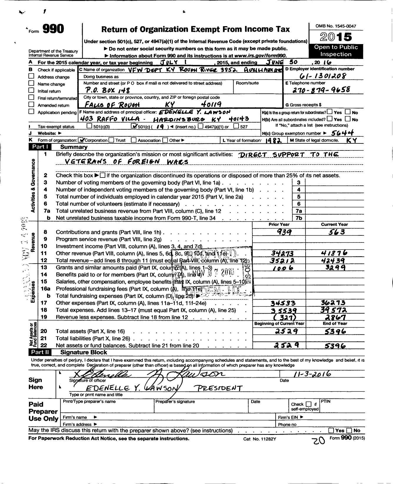 Image of first page of 2015 Form 990O for Department of Kentucky Auxiliary To the Veterans of Foreign Wars of the Us - 3852 Falls of Rough Rough River