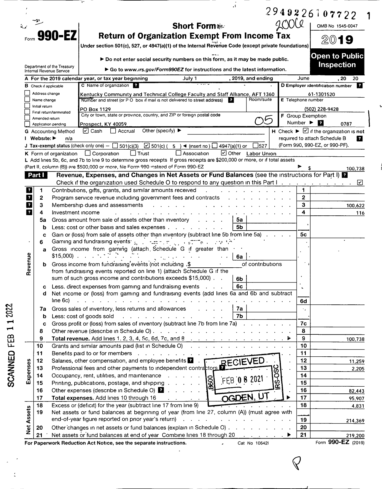 Image of first page of 2019 Form 990EO for American Federation of Teachers - 1360 Kentucky Community & Tech Cfsa