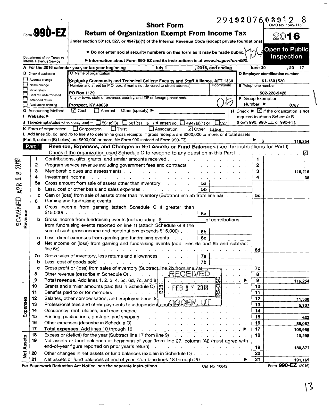 Image of first page of 2016 Form 990EO for American Federation of Teachers - 1360 Kentucky Community & Tech Cfsa