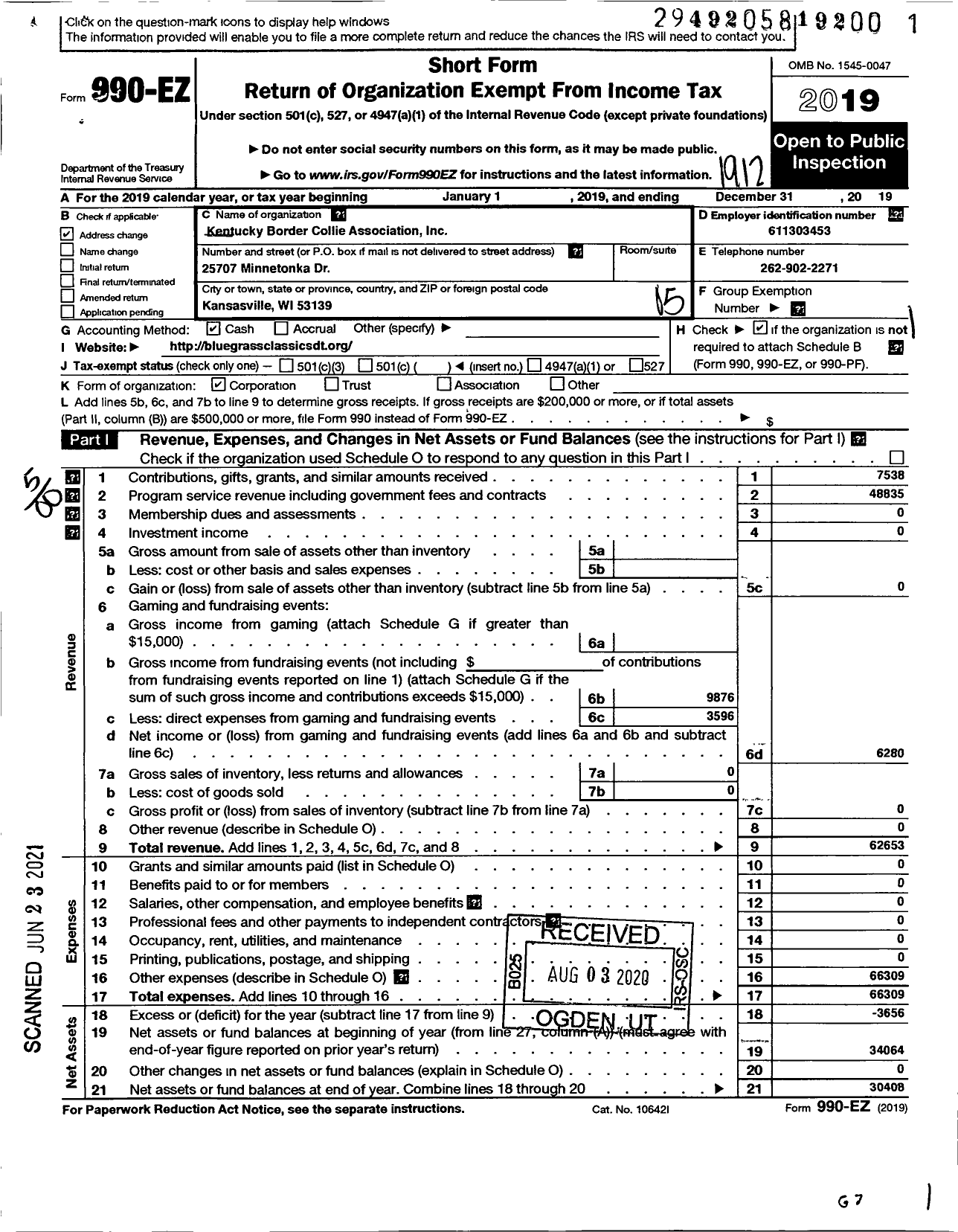 Image of first page of 2019 Form 990EO for Kentucky Border Collie Association