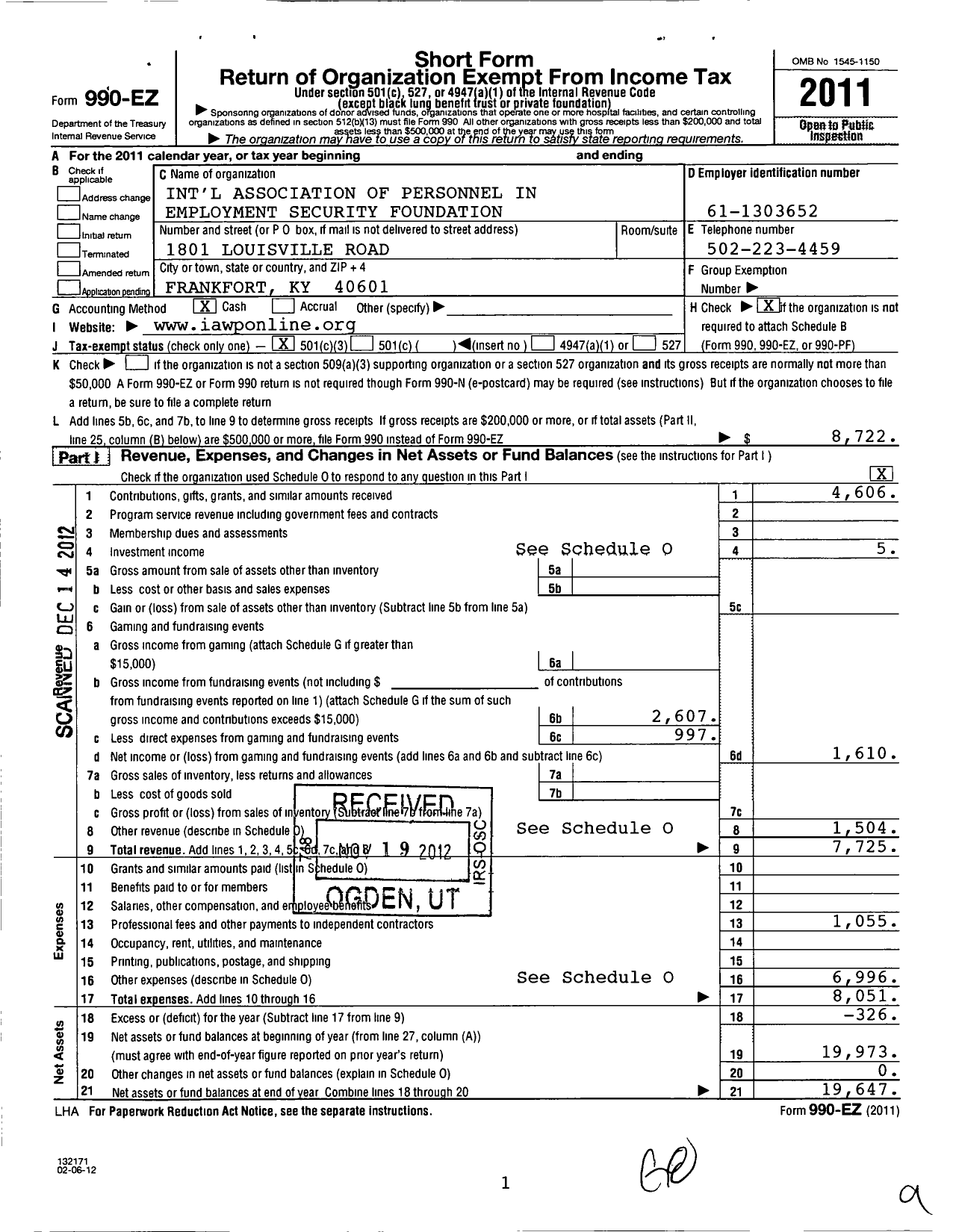 Image of first page of 2011 Form 990EZ for International Association of Personnel in Employment Security Foundation