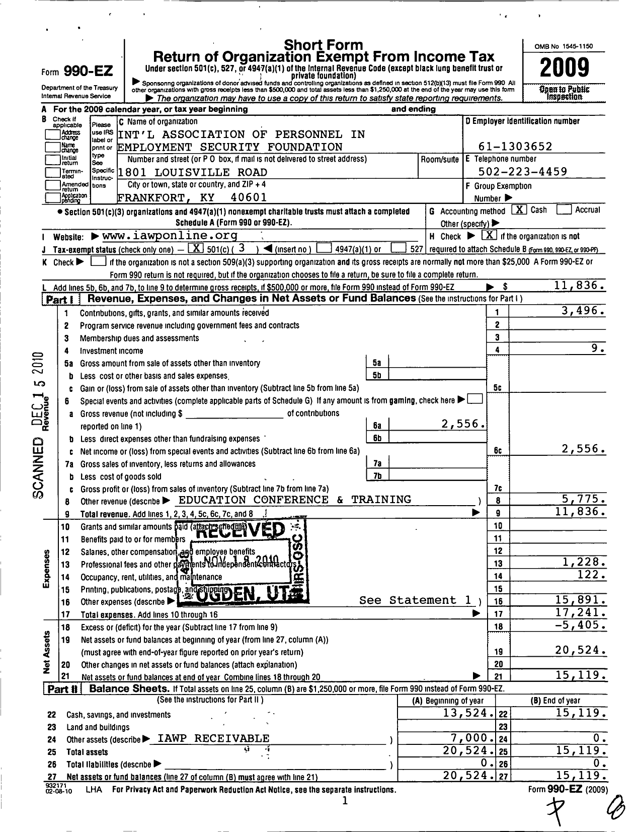 Image of first page of 2009 Form 990EZ for International Association of Personnel in Employment Security Foundation