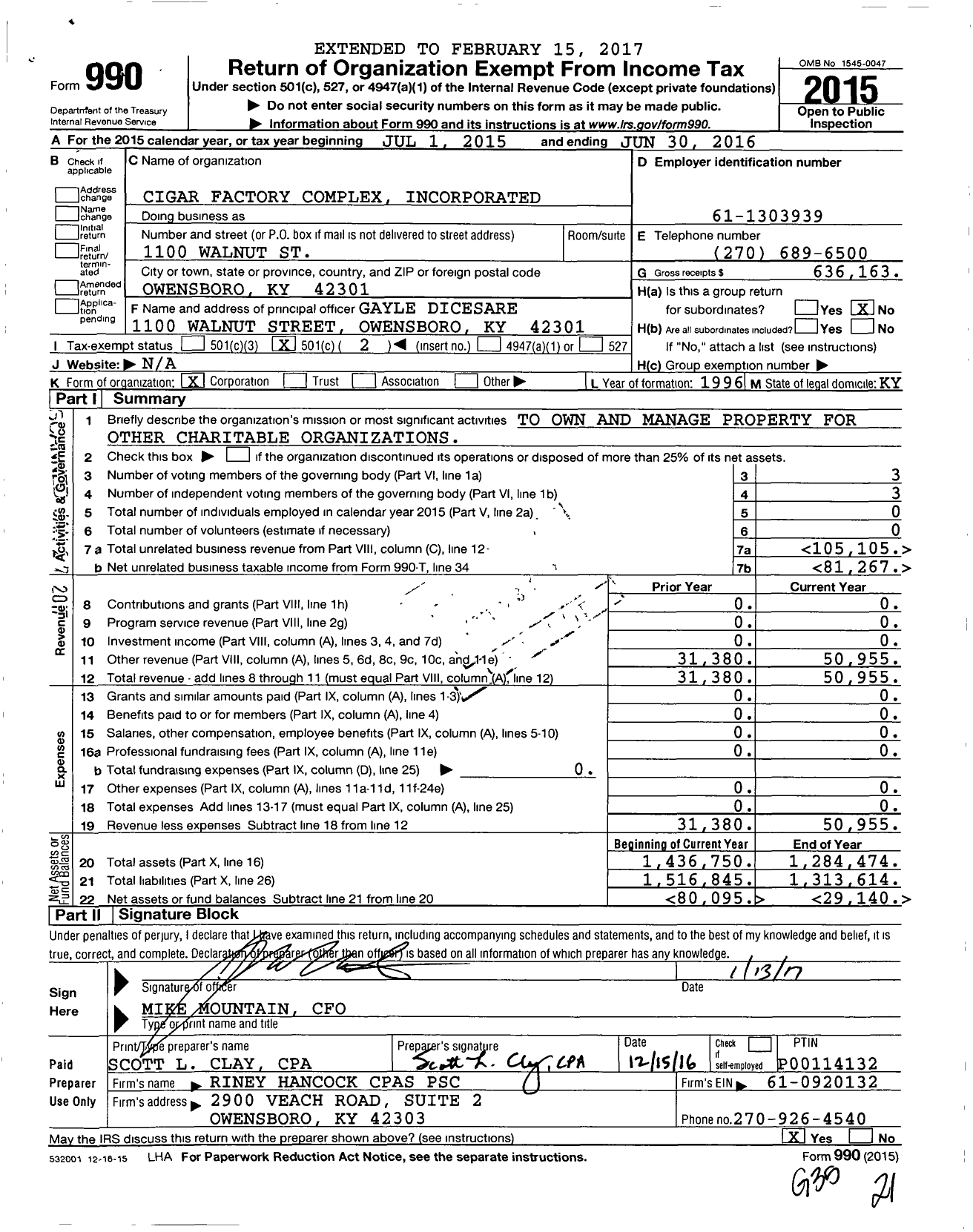 Image of first page of 2015 Form 990O for Cigar Factory Complex Incorporated