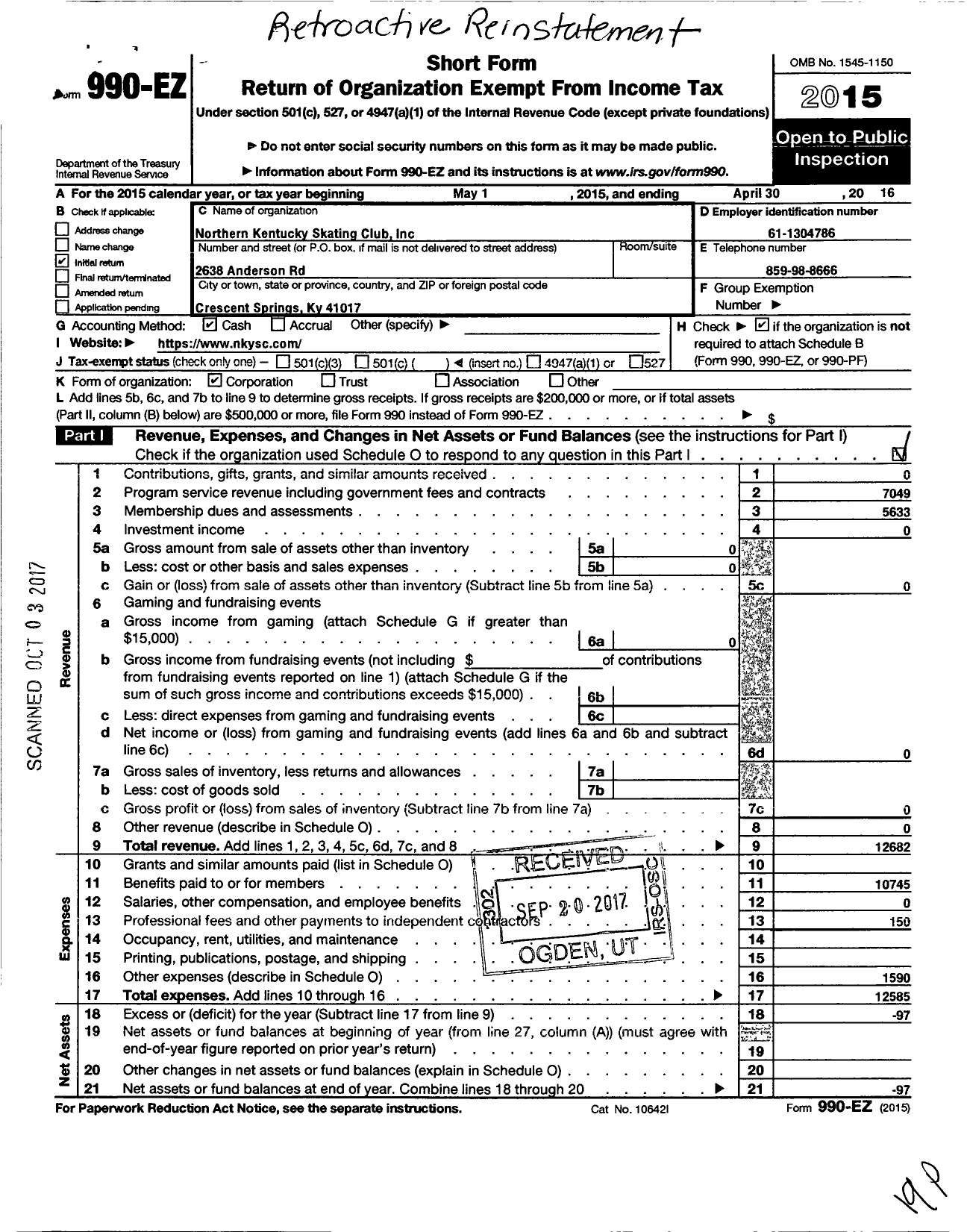 Image of first page of 2015 Form 990EO for Northern Kentucky Skating Club