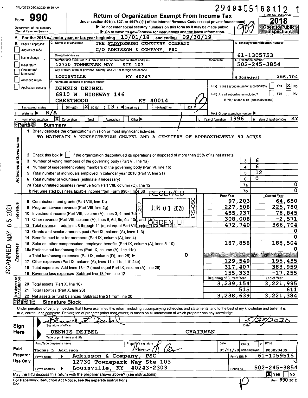 Image of first page of 2018 Form 990O for The Floydsburg Cemetery Company