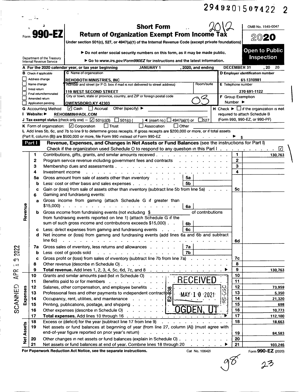 Image of first page of 2020 Form 990EZ for Rehoboth Ministries