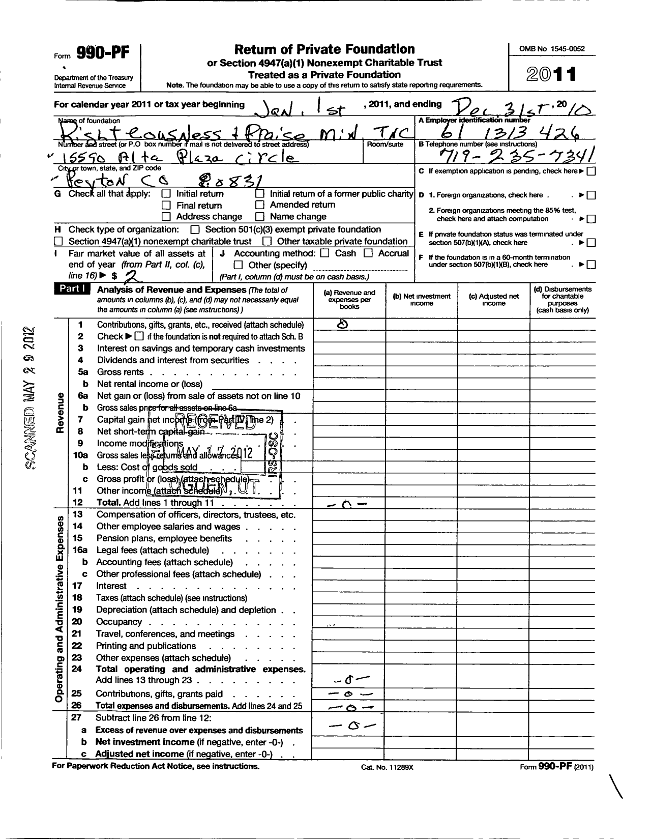 Image of first page of 2011 Form 990PF for Righteousness and Praise Min