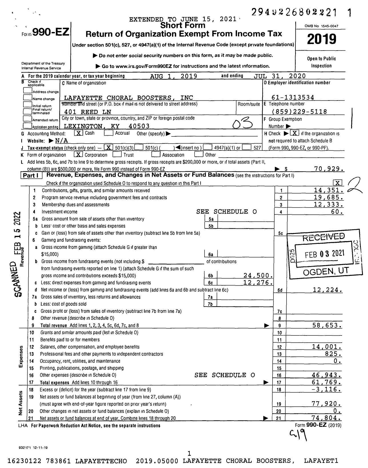 Image of first page of 2019 Form 990EZ for Lafayette Choral Boosters