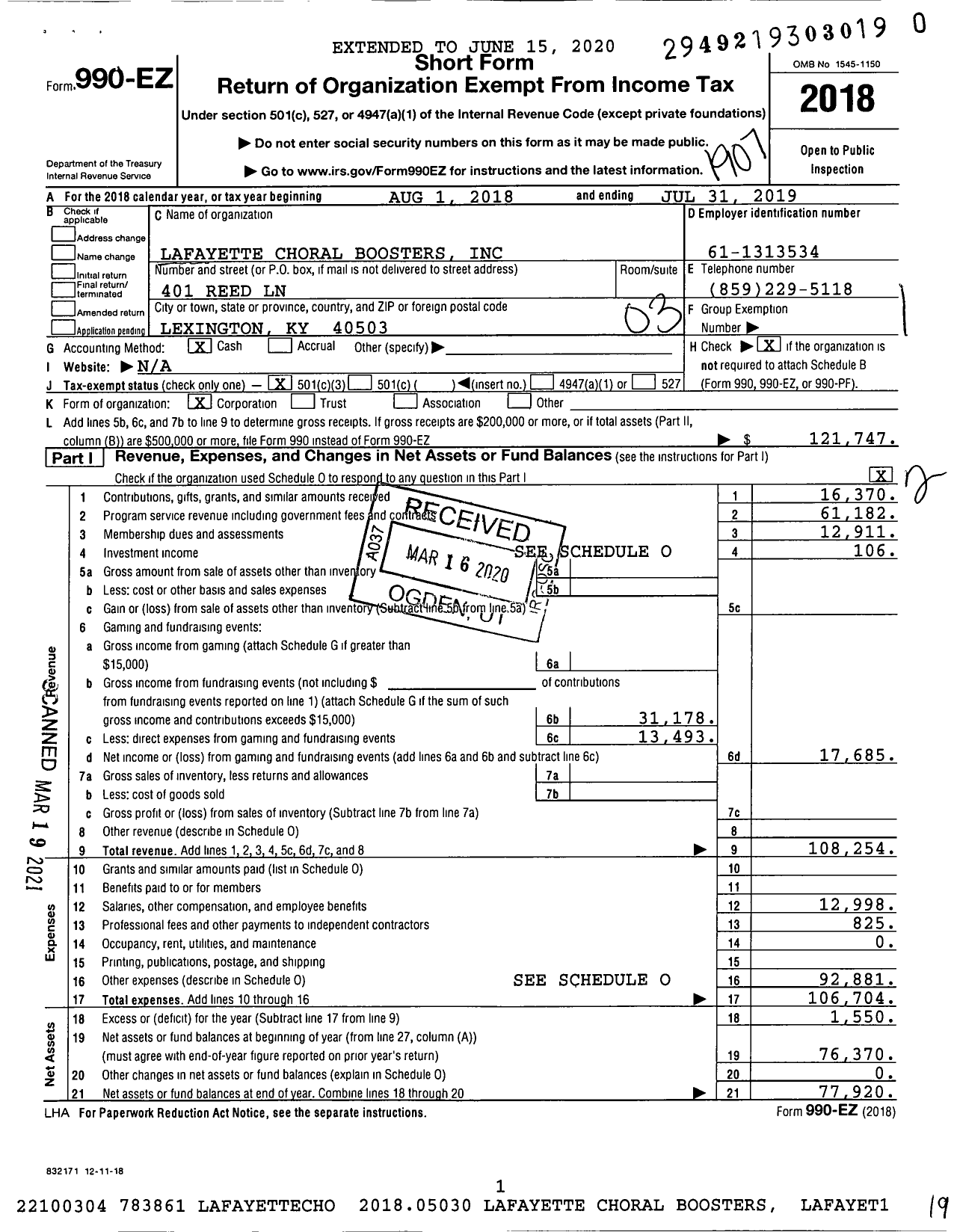 Image of first page of 2018 Form 990EZ for Lafayette Choral Boosters