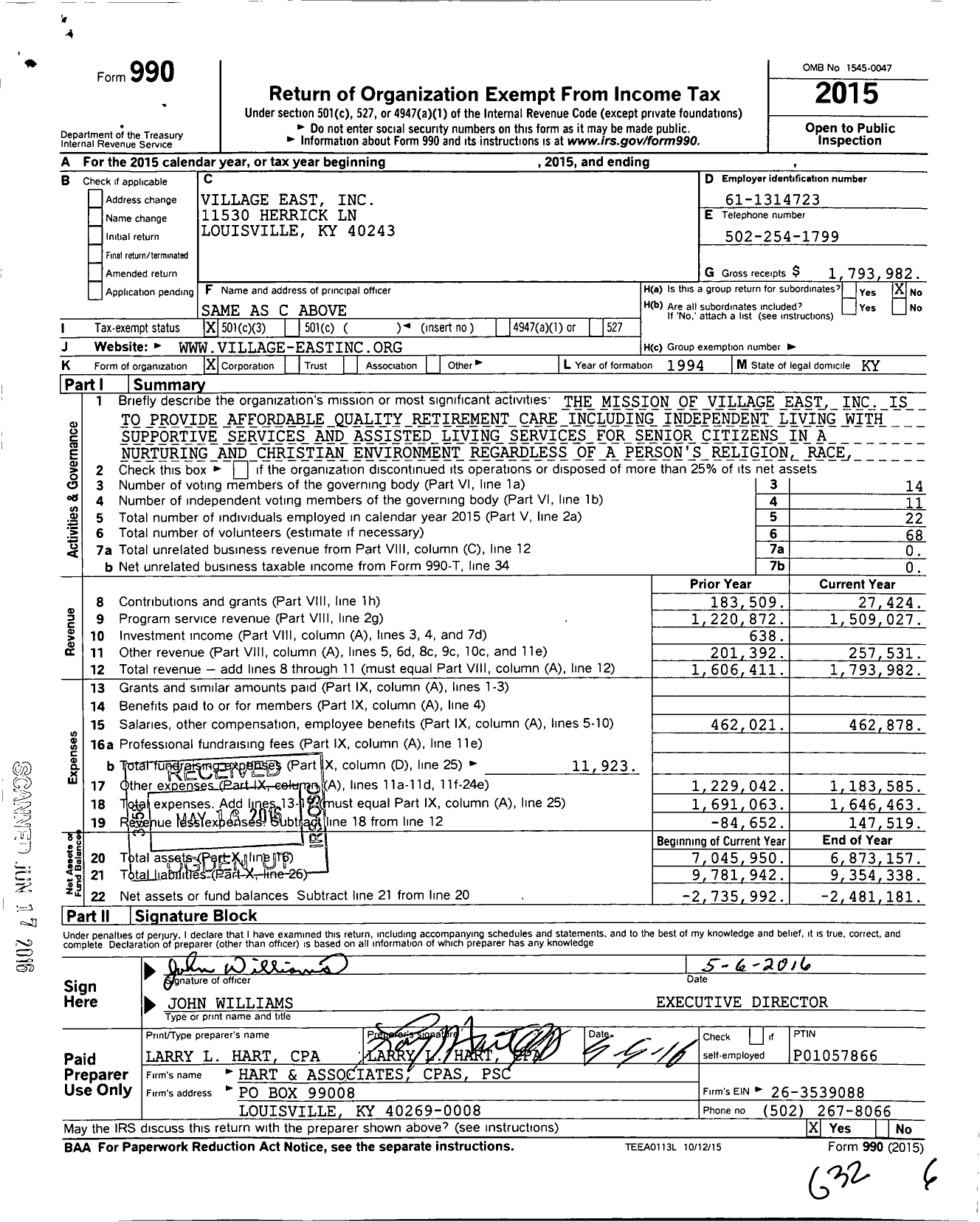 Image of first page of 2015 Form 990 for Village East