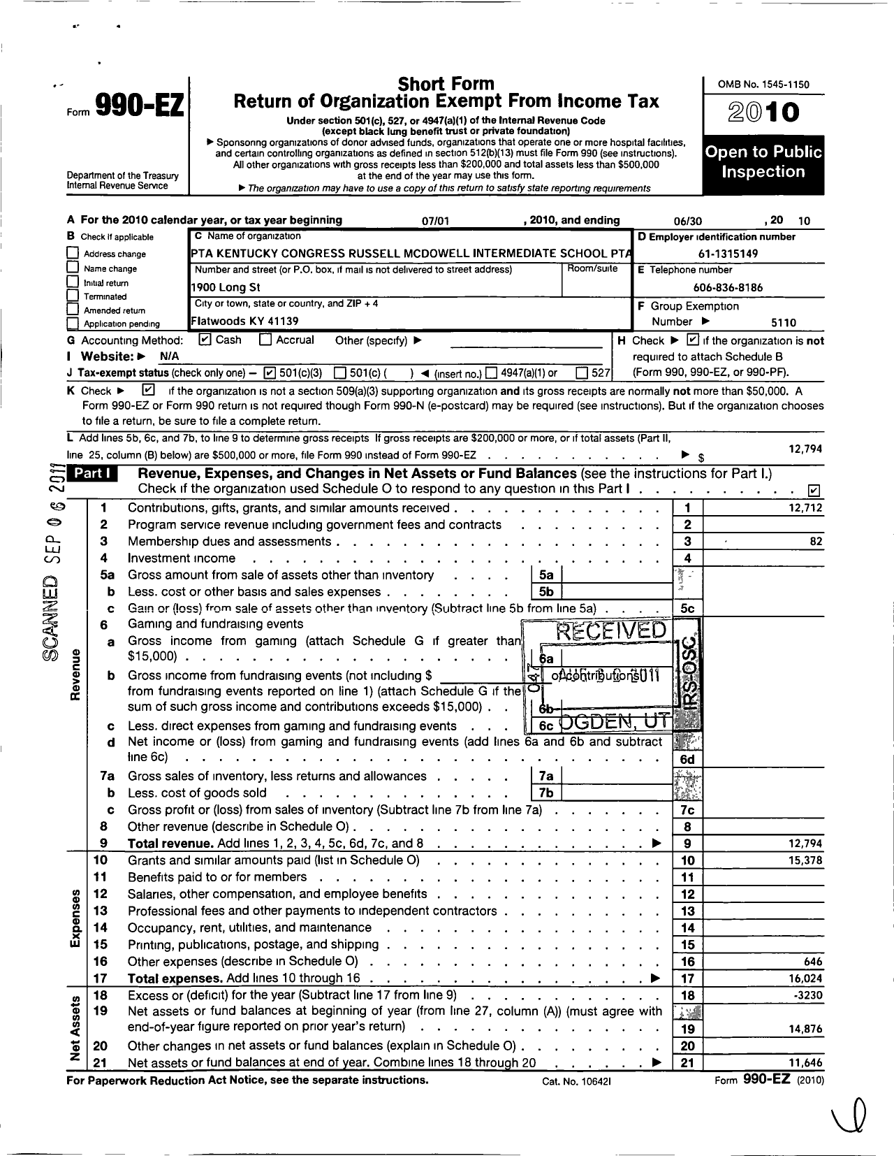 Image of first page of 2009 Form 990EZ for PTA Kentucky Congress / Russell-Mcdowell Intermediate Schoo