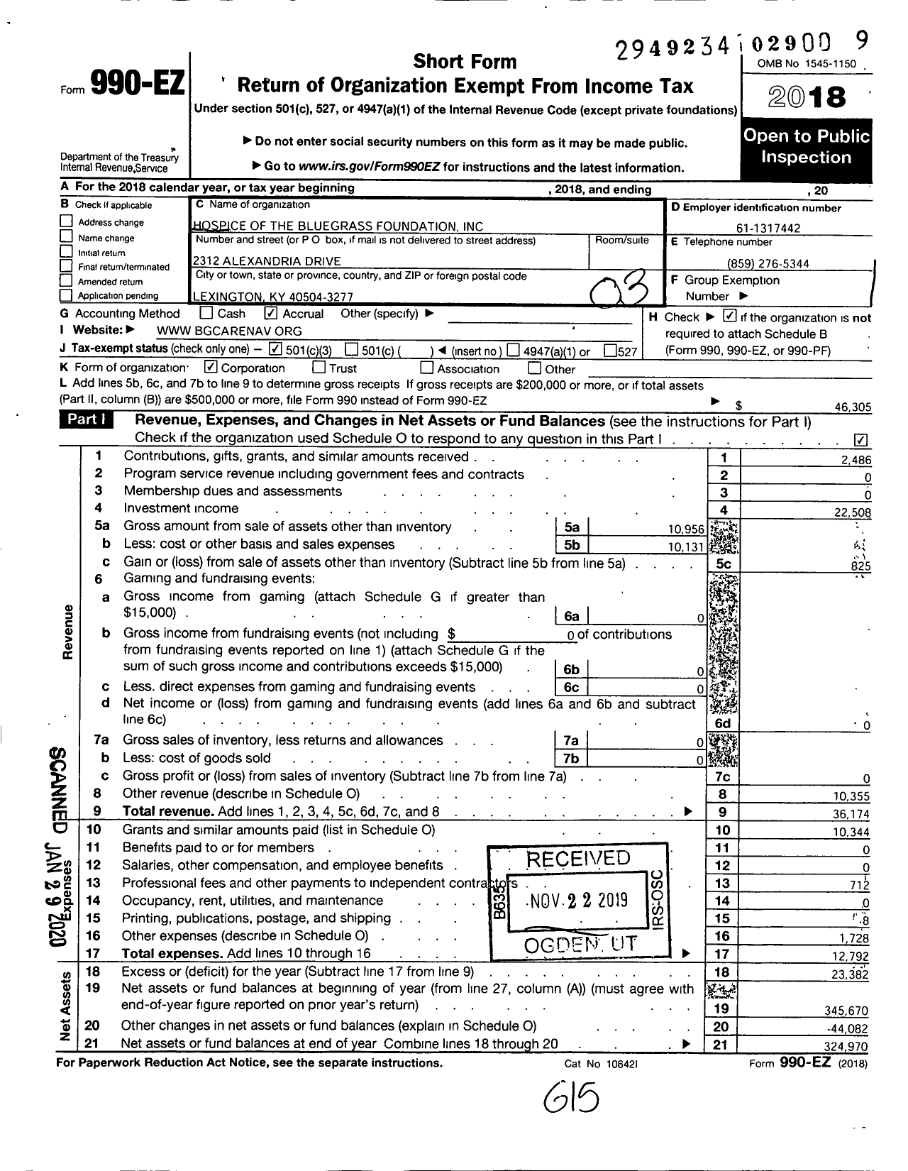 Image of first page of 2018 Form 990EZ for Hospice of the Bluegrass Foundation