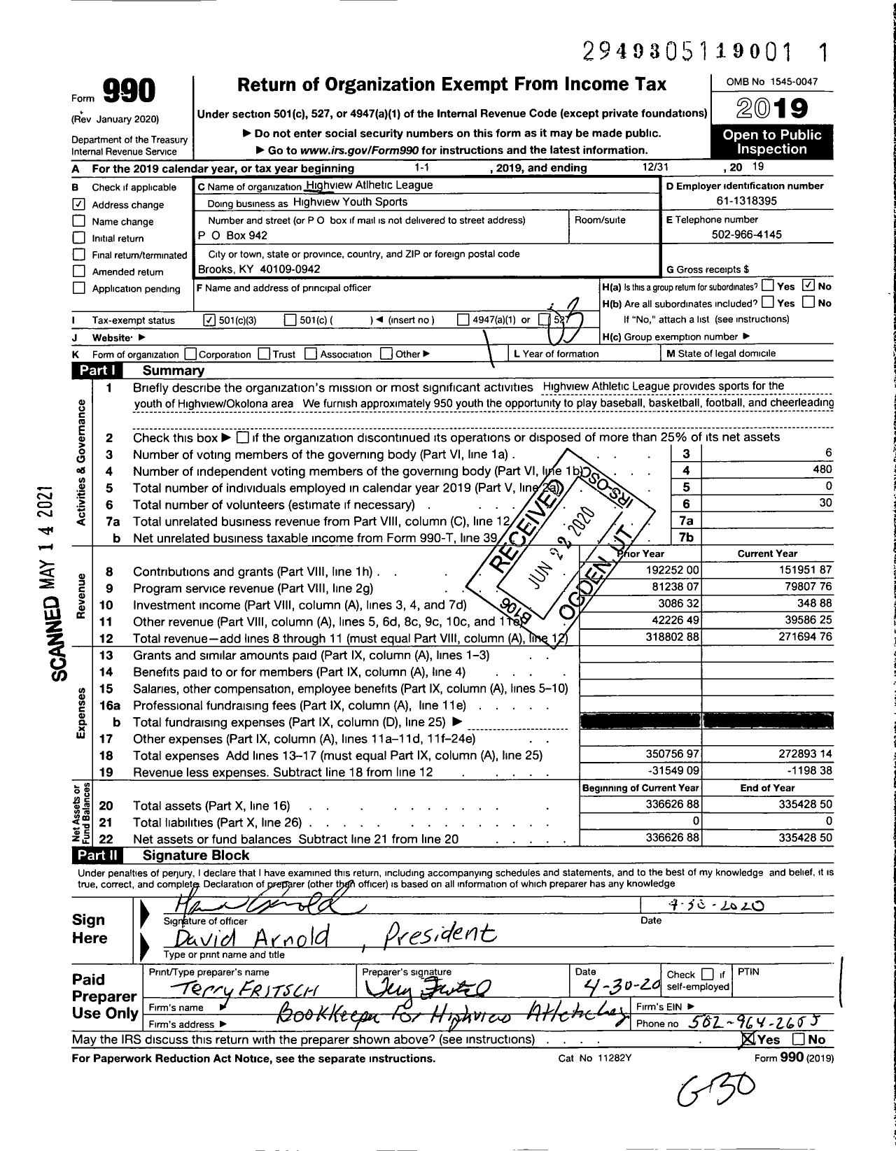 Image of first page of 2019 Form 990 for Highview Youth Sports