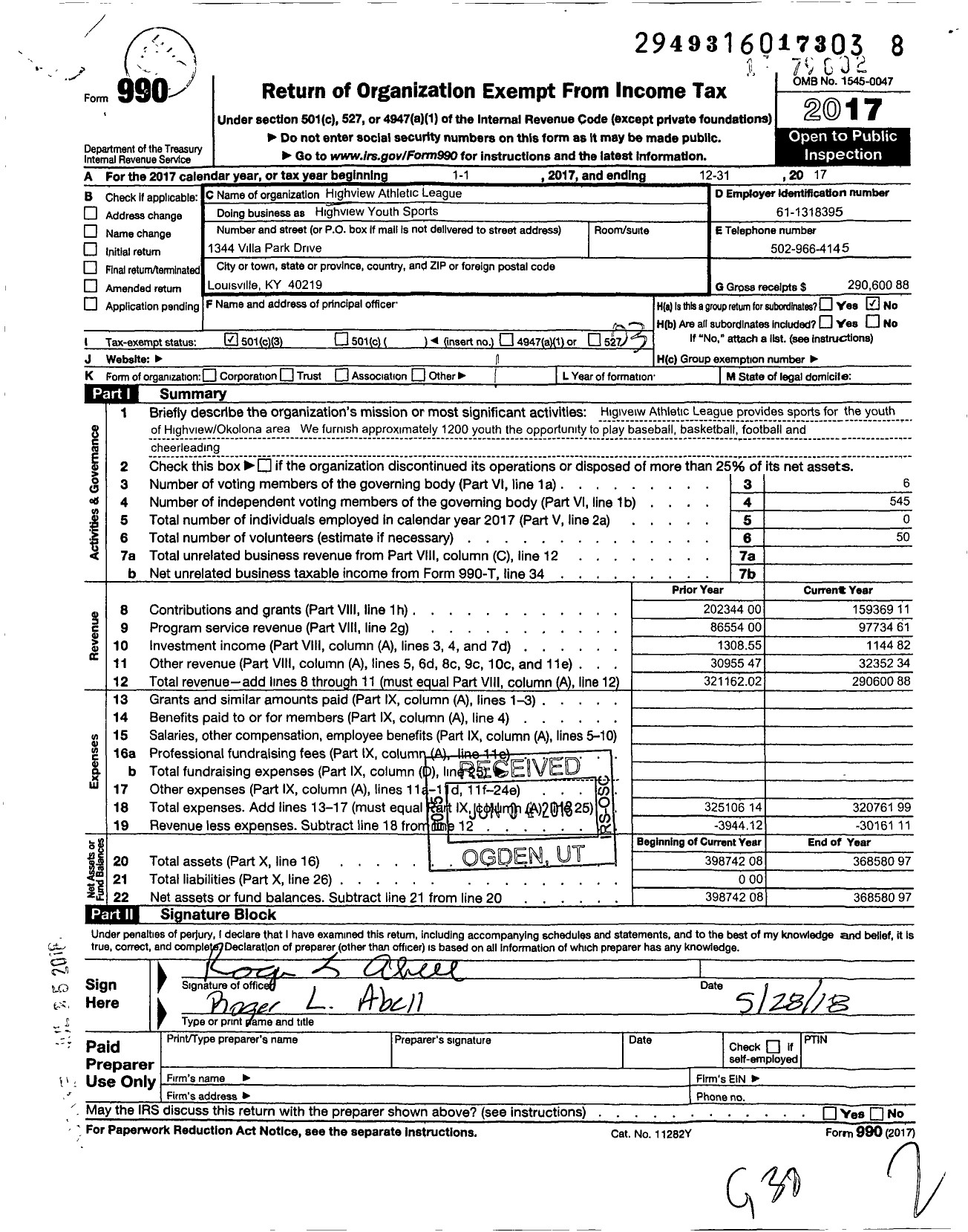 Image of first page of 2017 Form 990 for Highview Youth Sports