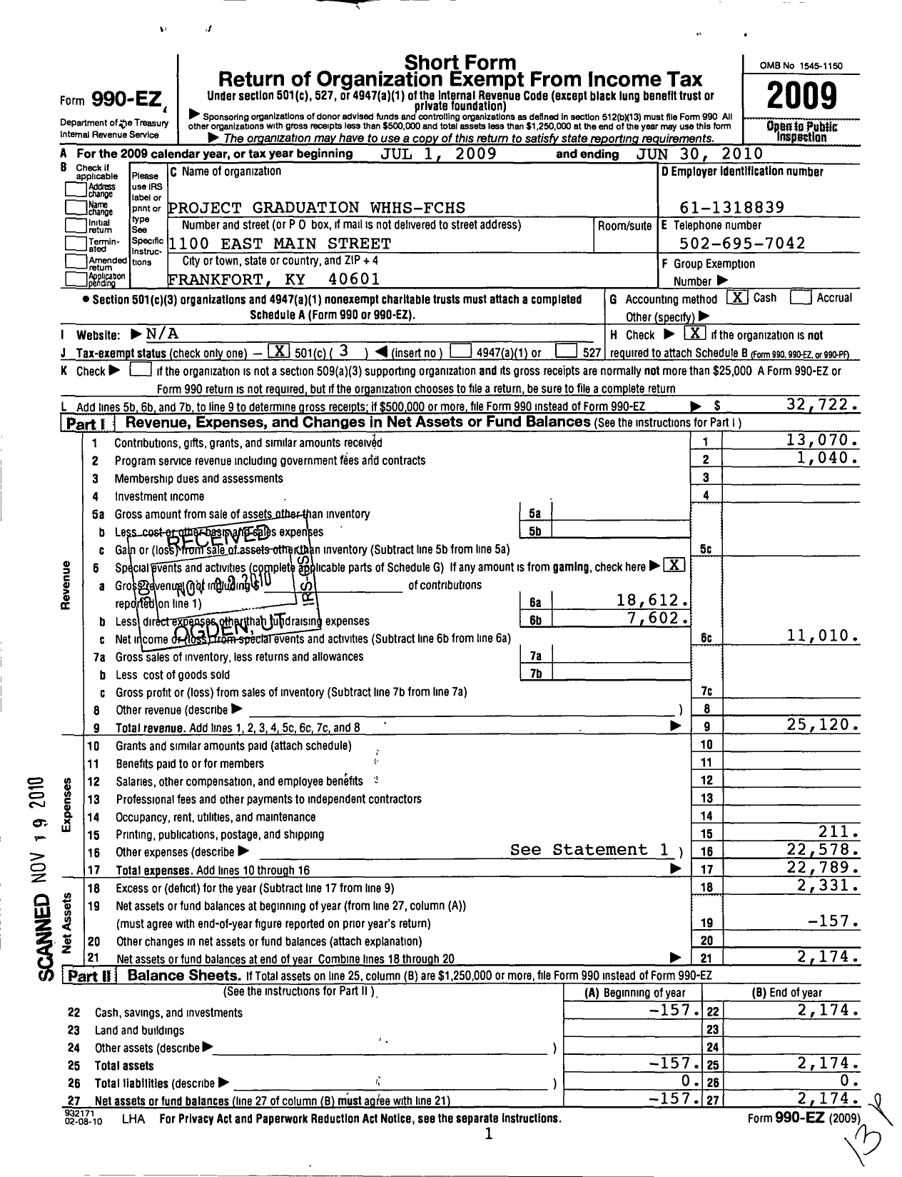 Image of first page of 2009 Form 990EZ for Project Graduation Franklin County