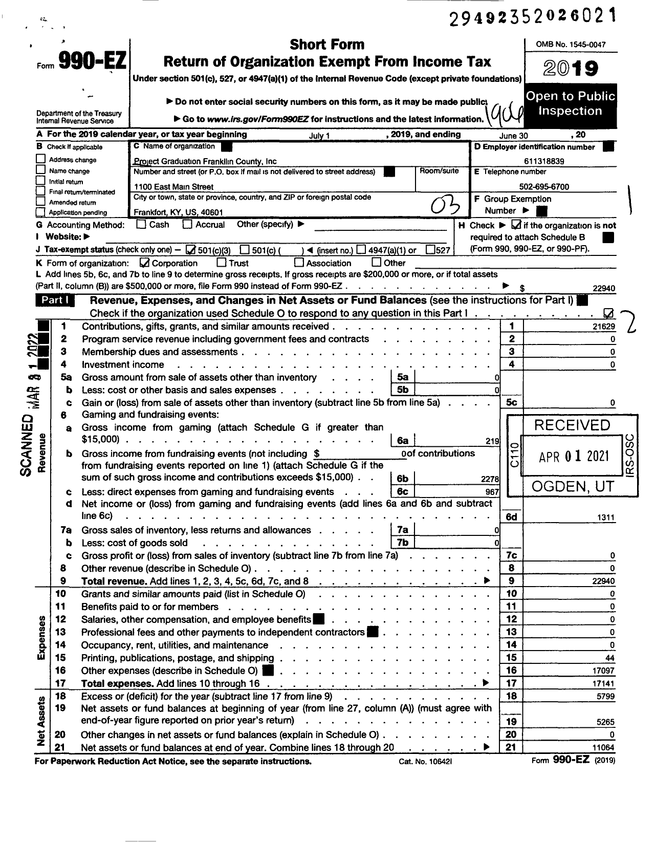 Image of first page of 2018 Form 990EZ for Project Graduation Franklin County