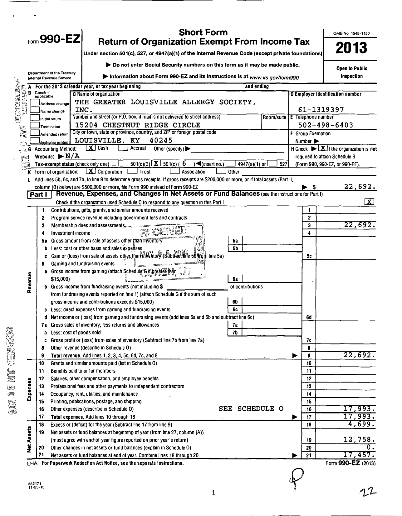 Image of first page of 2013 Form 990EO for The Greater Louisville Allergy Society