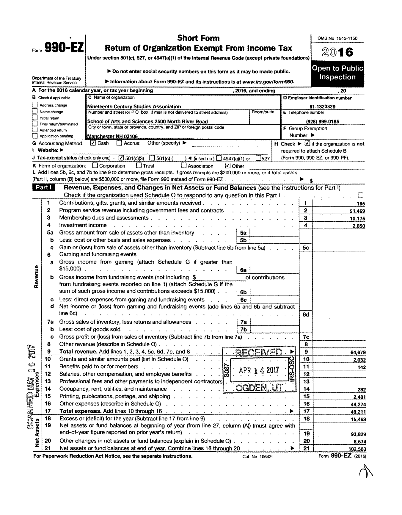 Image of first page of 2016 Form 990EZ for Nineteenth-Century Studies Association