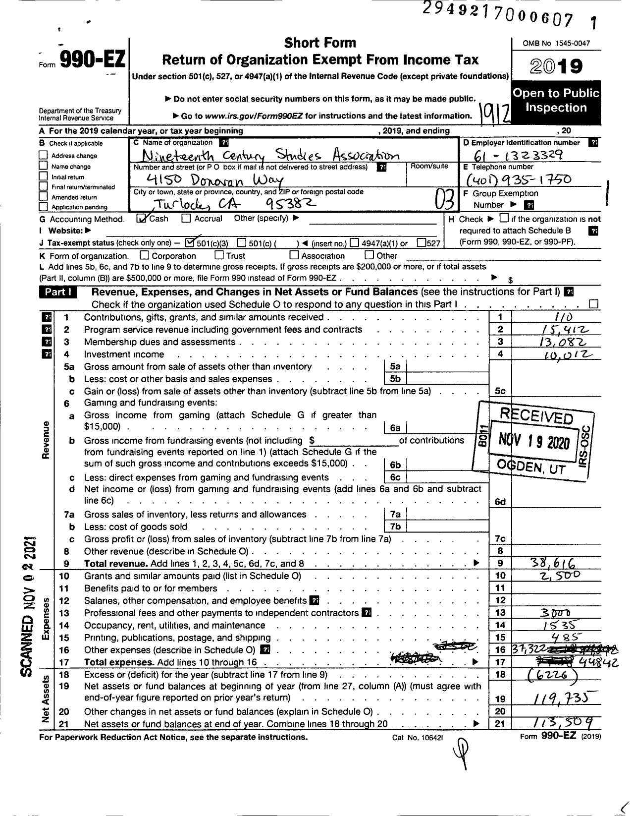 Image of first page of 2019 Form 990EZ for Nineteenth-Century Studies Association