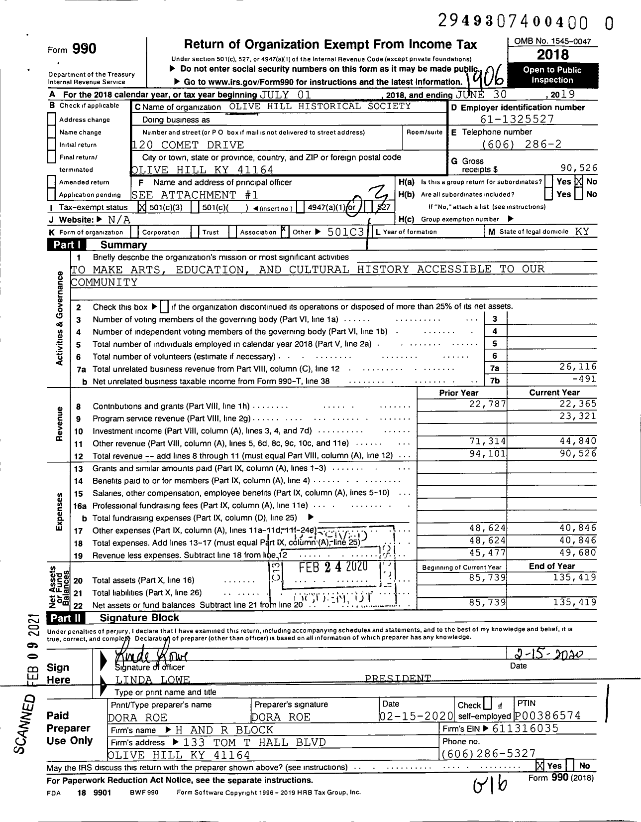 Image of first page of 2018 Form 990 for Olive Hill Historical Society